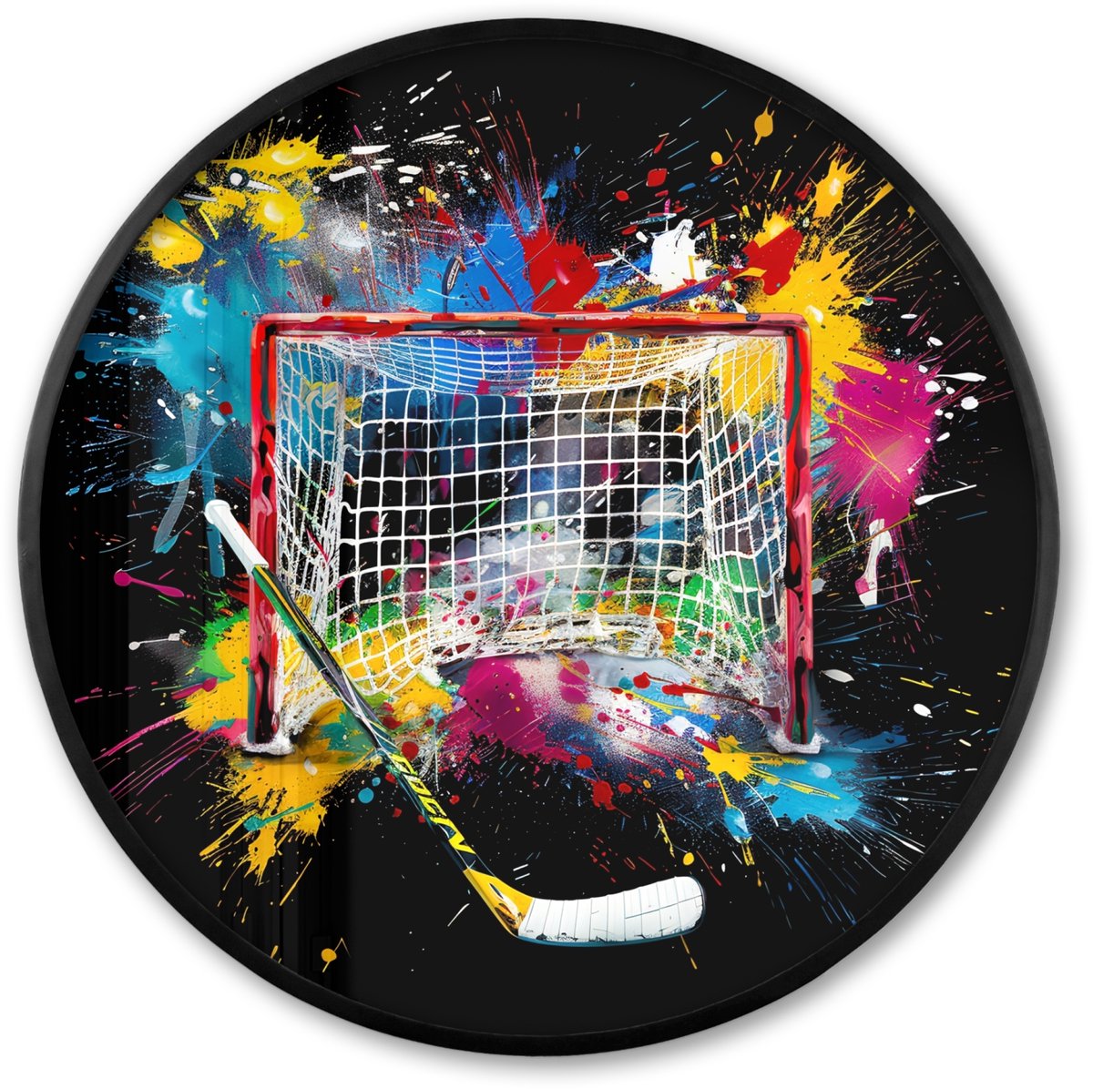 FrameYourWall Poster in lijst Rond - Fotolijst 80x80 cm - Posters - Graffiti - Sport - IJshockey - Hockey goal - Ronde posterlijst zwart - Decoratie - Wanddecoratie woonkamer - Muurdecoratie slaapkamer