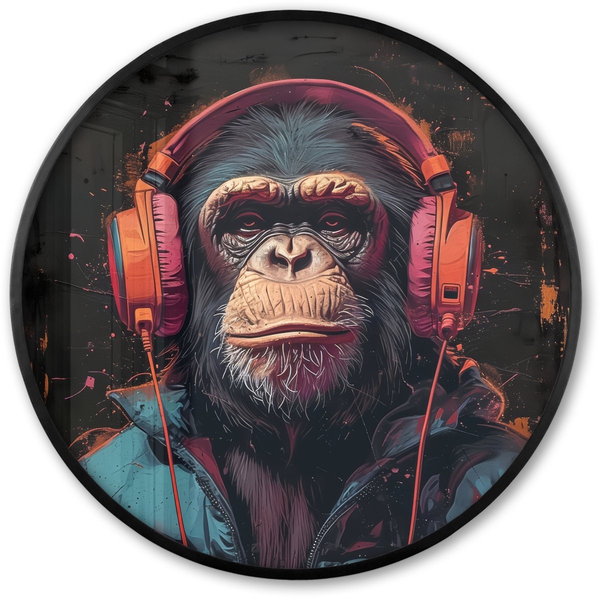 FrameYourWall Poster in lijst Rond - Fotolijst 80x80 cm - Posters - Graffiti - Chimpansee - Koptelefoon - Aap - Ronde posterlijst zwart - Decoratie - Wanddecoratie woonkamer - Muurdecoratie slaapkamer