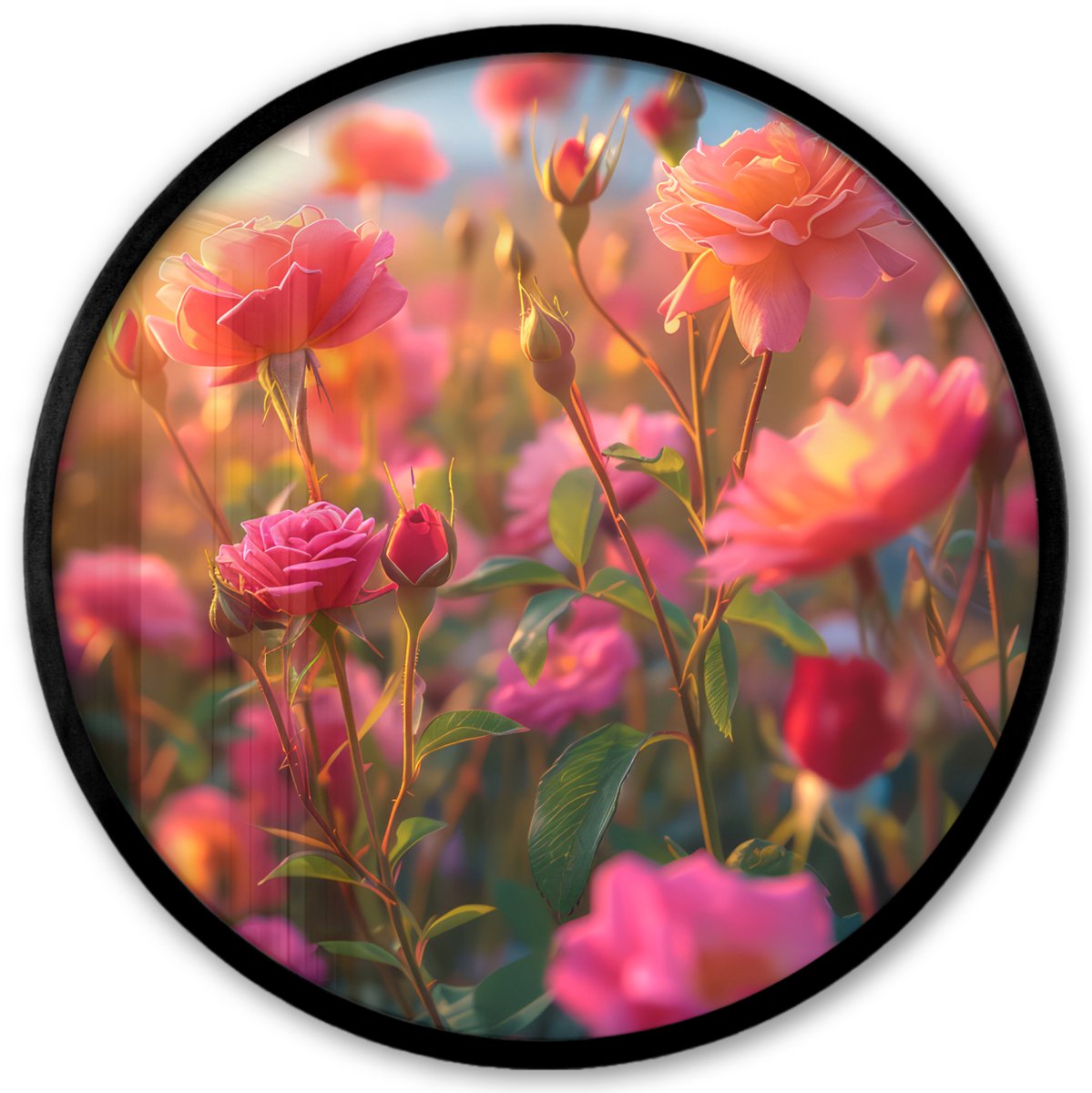 FrameYourWall Poster in lijst Rond - Fotolijst 40x40 cm - Posters - Bloemen - Rozen - Natuur - Roze - Bloem - Ronde posterlijst zwart - Decoratie - Wanddecoratie woonkamer - Muurdecoratie slaapkamer