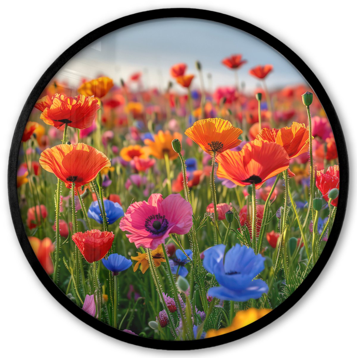 FrameYourWall Poster in lijst Rond - Fotolijst 40x40 cm - Posters - Bloemen - Klaprozen - Kleurrijk - Natuur - Ronde posterlijst zwart - Decoratie - Wanddecoratie woonkamer - Muurdecoratie slaapkamer
