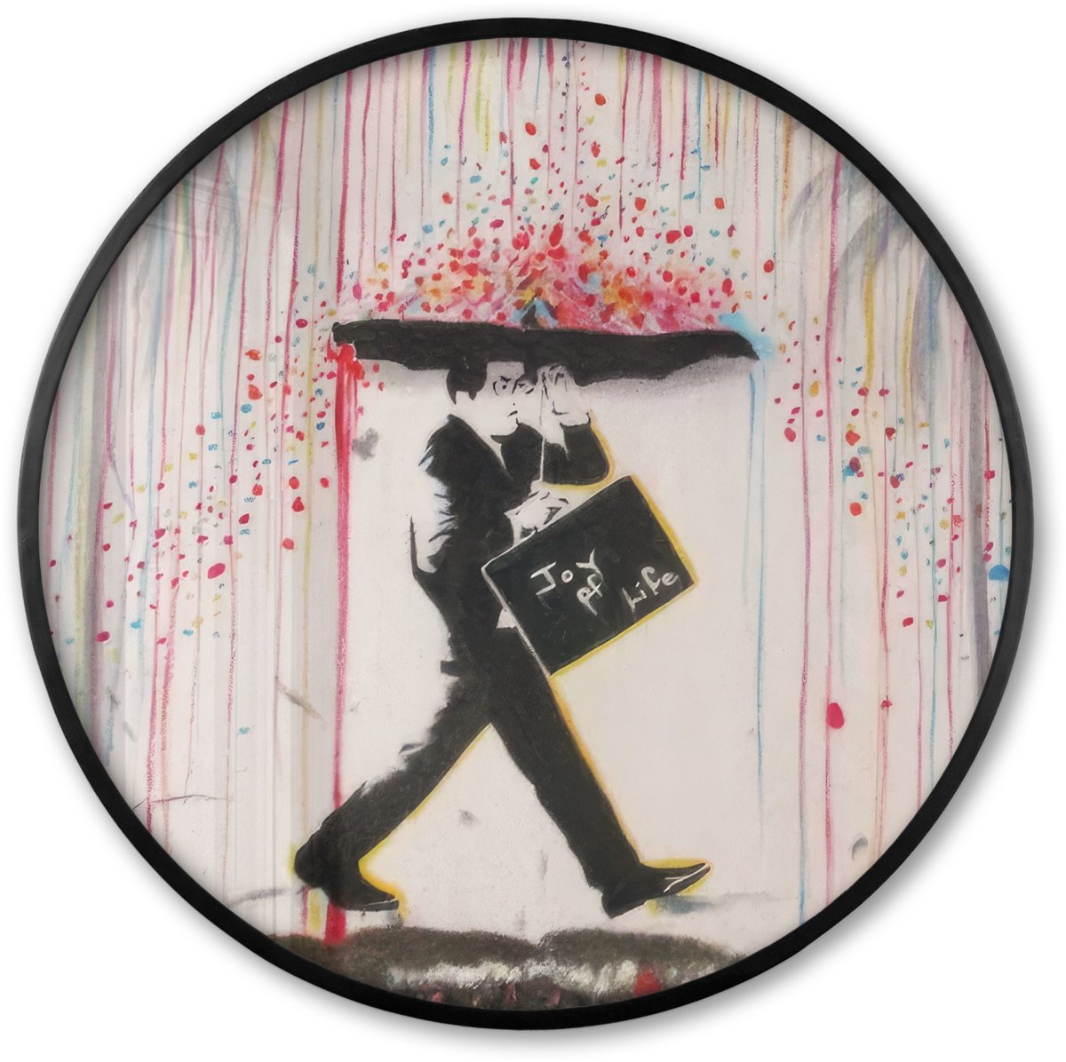 FrameYourWall Poster in lijst Rond - Fotolijst 60x60 cm - Posters - Regen - Graffiti - Man - Banksy Style - Ronde posterlijst zwart - Decoratie - Wanddecoratie woonkamer - Muurdecoratie slaapkamer Man - Paraplu