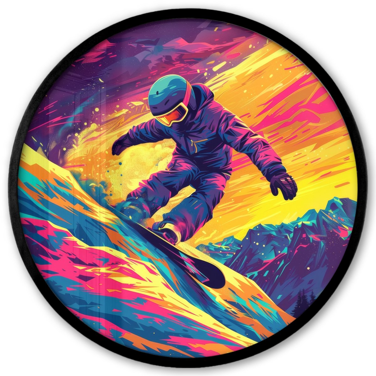 FrameYourWall Poster in lijst Rond - Fotolijst 40x40 cm - Posters - Snowboarden - Sneeuw - Kleurrijk - Ronde posterlijst zwart - Decoratie - Wanddecoratie woonkamer - Muurdecoratie slaapkamer Astronaut - Snowboarden