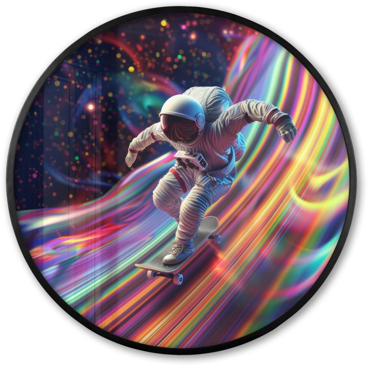 FrameYourWall Poster in lijst Rond - Fotolijst 80x80 cm - Posters - Astronaut - Ruimte - Skateboard - Kleurrijk - Ronde posterlijst zwart - Decoratie - Wanddecoratie woonkamer - Muurdecoratie slaapkamer Astronaut - Skateboarden
