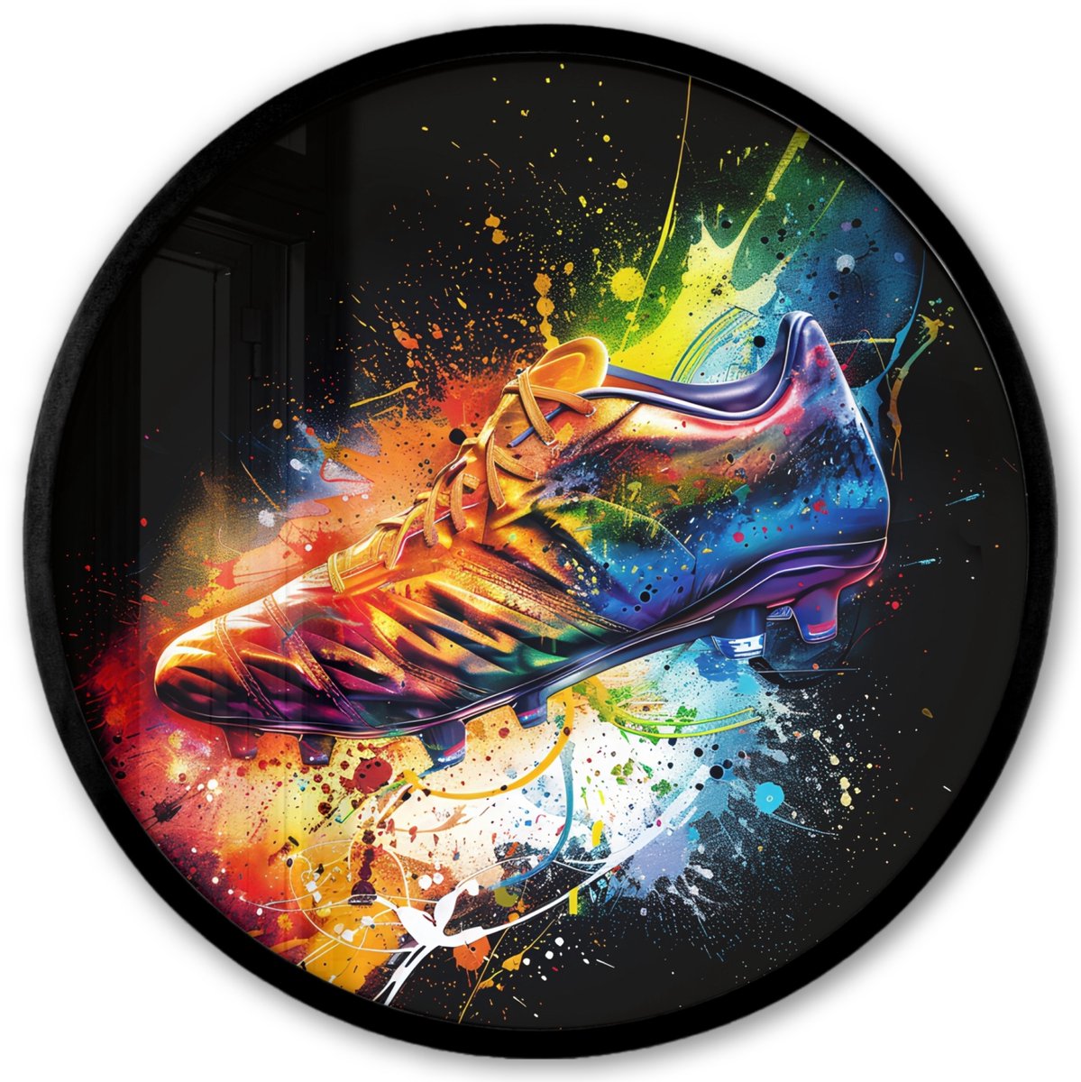 FrameYourWall Poster in lijst Rond - Fotolijst 40x40 cm - Posters - Graffiti - Sport - Voetbal - Schoen - Verf - Ronde posterlijst zwart - Decoratie - Wanddecoratie woonkamer - Muurdecoratie slaapkamer Voetbalschoen