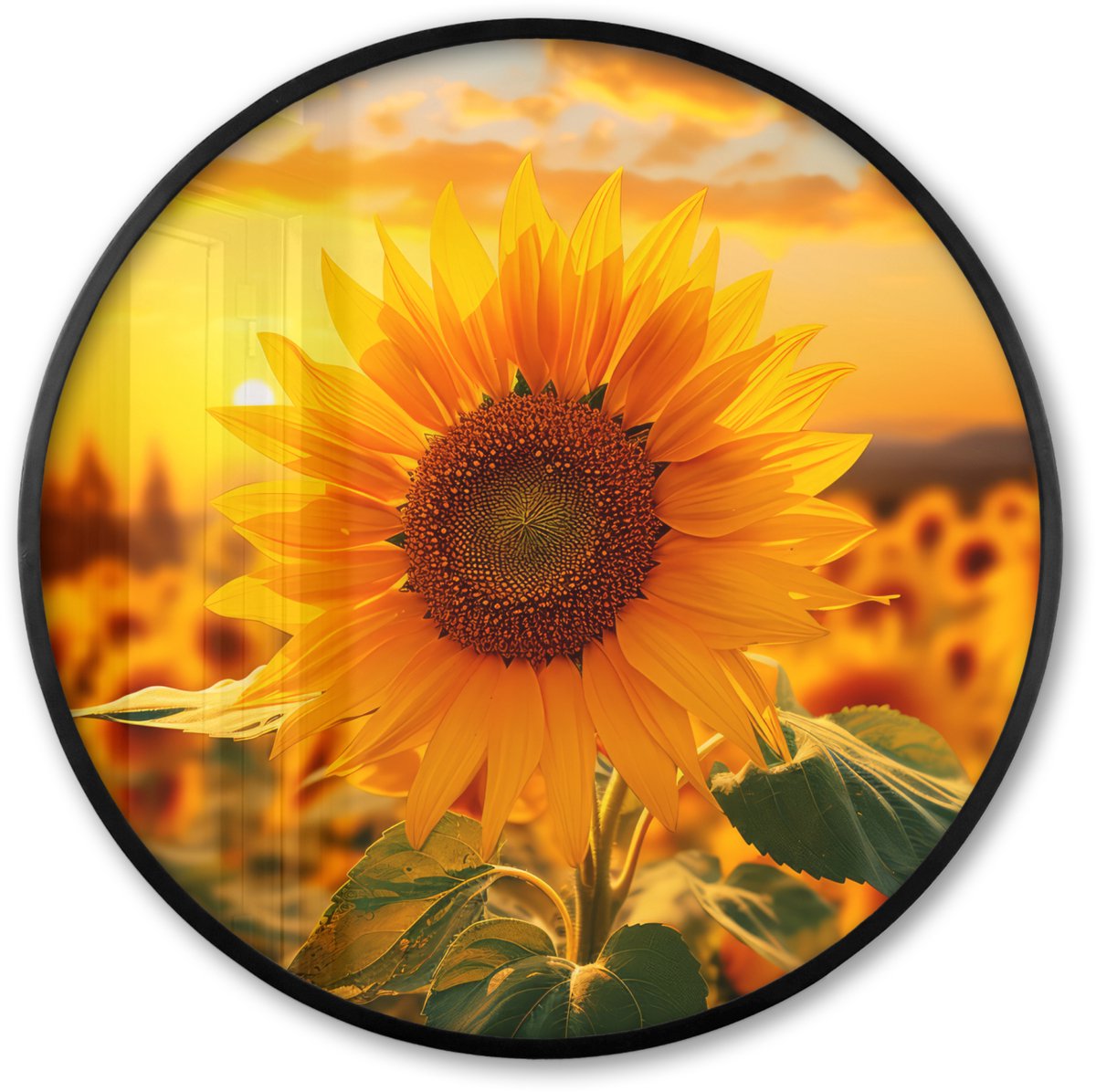 FrameYourWall Poster in lijst Rond - Fotolijst 60x60 cm - Posters - Zonnebloem - Bloemen - Geel - Bloemenveld met zonnebloemen - Ronde posterlijst zwart - Decoratie - Wanddecoratie woonkamer - Muurdecoratie slaapkamer Bloemen - Zonnebloem