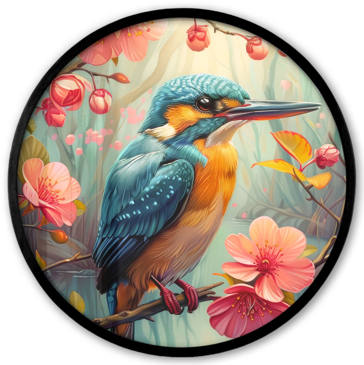FrameYourWall Poster in lijst Rond - Fotolijst 40x40 cm - Posters - IJsvogel - Bloesem - Natuur - Vogels - Bloemen - Ronde posterlijst zwart - Decoratie - Wanddecoratie woonkamer - Muurdecoratie slaapkamer