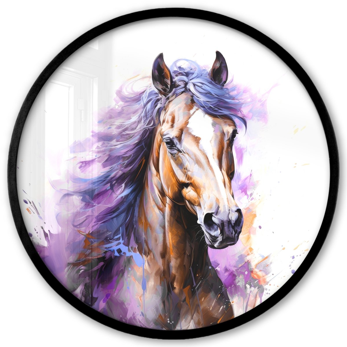 FrameYourWall Poster in lijst Rond - Fotolijst 40x40 cm - Posters - Paard - Dieren - Meiden - Paars - Bruin - Ronde posterlijst zwart - Decoratie - Wanddecoratie woonkamer - Muurdecoratie slaapkamer