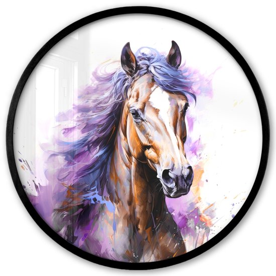 Poster in lijst Rond - Fotolijst 40x40 cm - Posters - Paard - Dieren - Meiden - Paars - Bruin - Ronde posterlijst zwart - Decoratie - Wanddecoratie woonkamer - Muurdecoratie slaapkamer