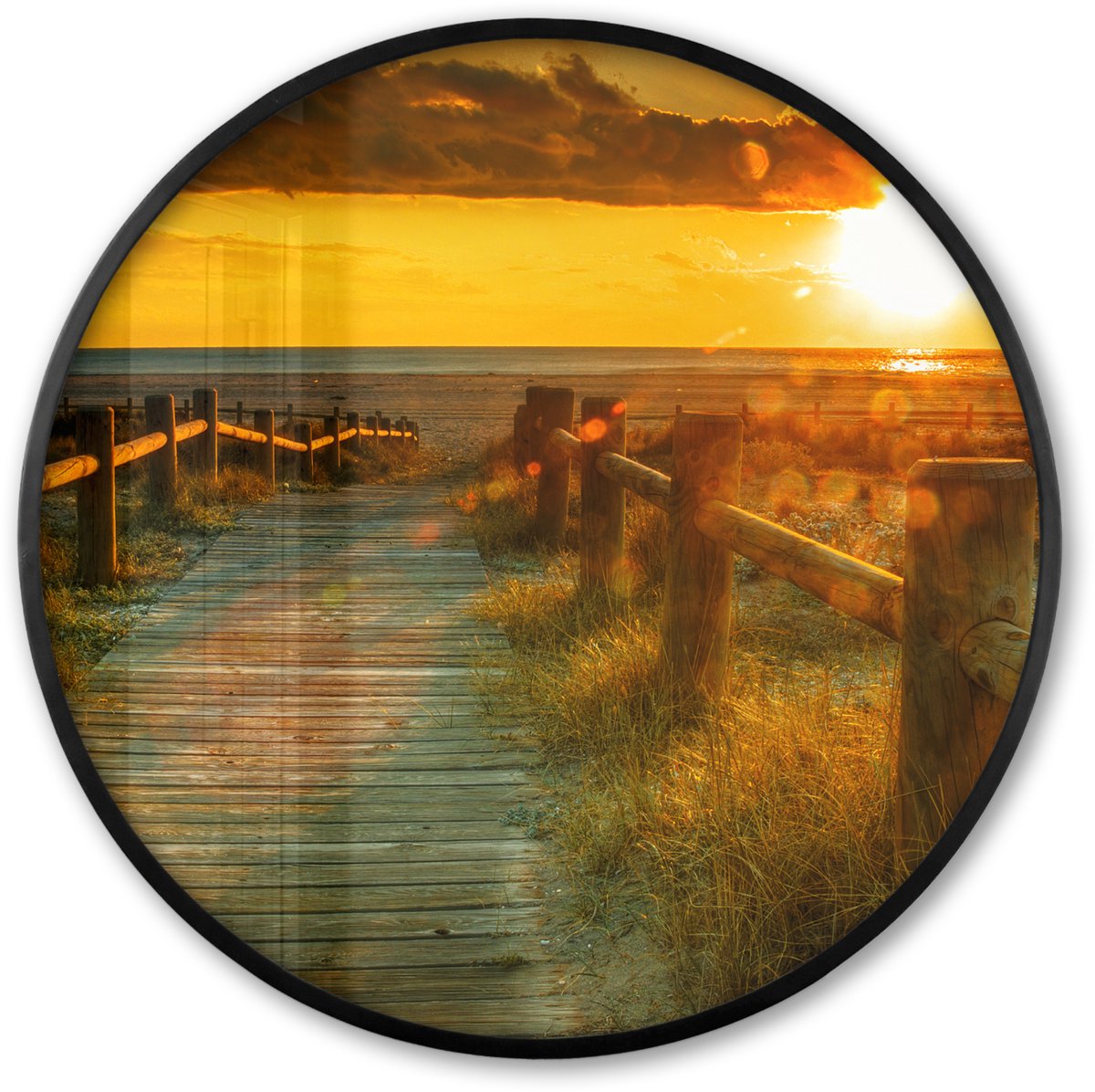 FrameYourWall Poster in lijst Rond - Fotolijst 80x80 cm - Posters - Zon - Strand - Duin - Horizon - Gras - Pad - Oranje - Ronde posterlijst zwart - Decoratie - Wanddecoratie woonkamer - Muurdecoratie slaapkamer Zonsondergang - Pad