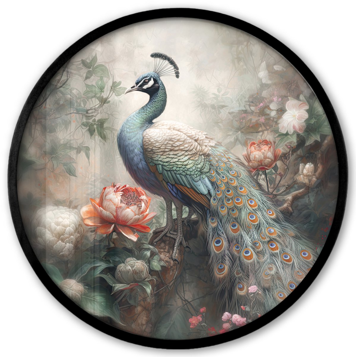FrameYourWall Poster in lijst Rond - Fotolijst 40x40 cm - Posters - Pauw - Pauwenveren - Vogel - Jungle - Bloemen - Ronde posterlijst zwart - Decoratie - Wanddecoratie woonkamer - Muurdecoratie slaapkamer Pauw - Bloemen