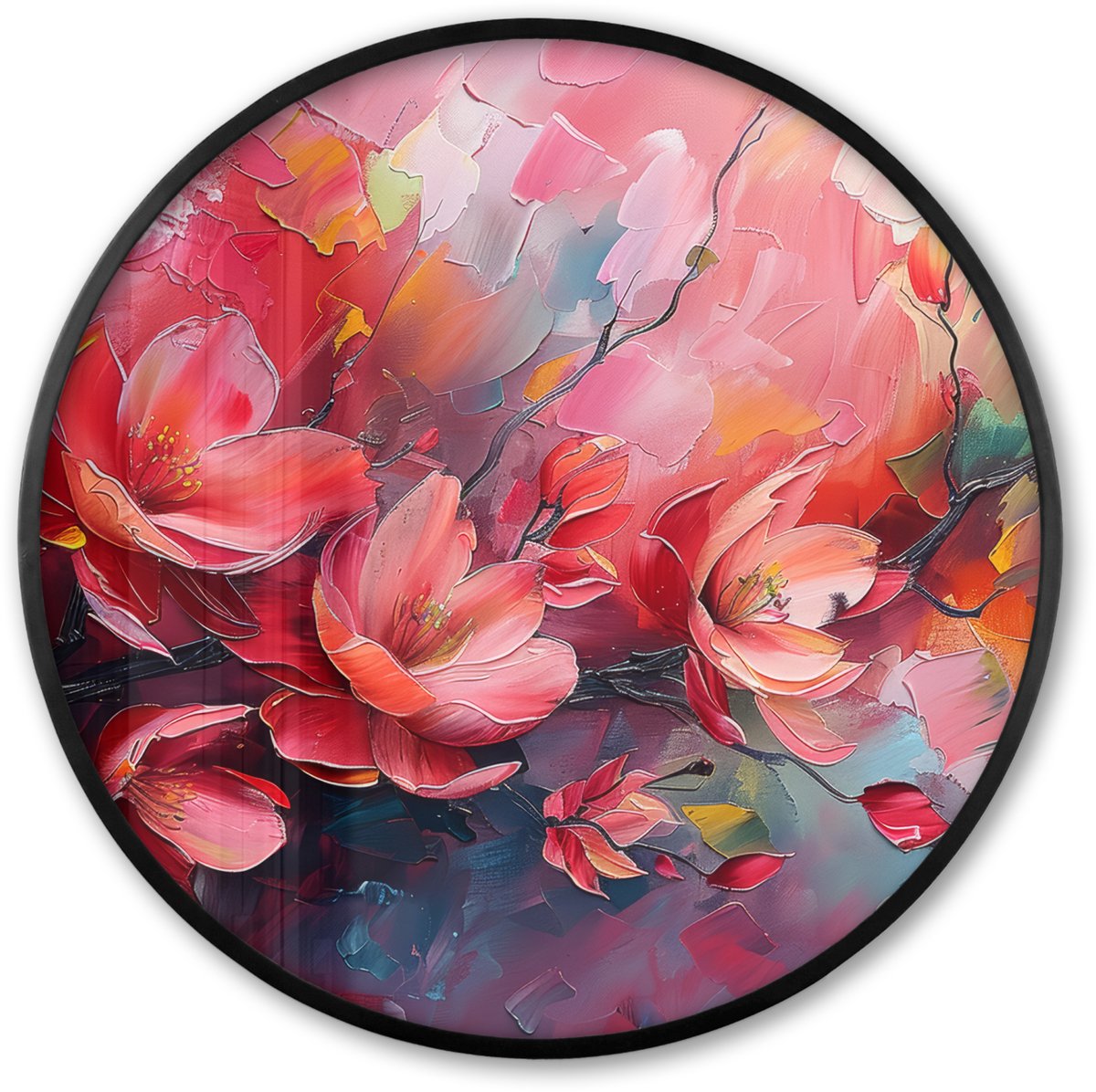 FrameYourWall Poster in lijst Rond - Fotolijst 60x60 cm - Posters - Bloemen - Roze - Natuur- Kunst - Abstract - Ronde posterlijst zwart - Decoratie - Wanddecoratie woonkamer - Muurdecoratie slaapkamer