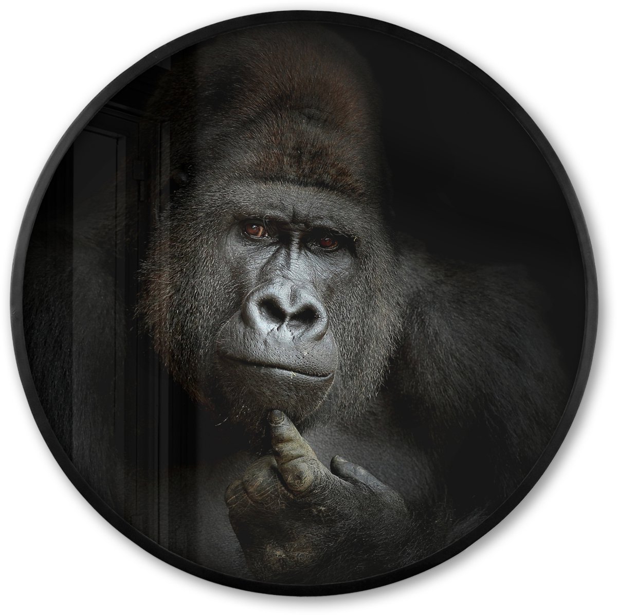 FrameYourWall Poster in lijst Rond - Fotolijst 60x60 cm - Posters - Gorilla - Aap - Dieren - Zwart wit - Ronde posterlijst zwart - Decoratie - Wanddecoratie woonkamer - Muurdecoratie slaapkamer Multicolor