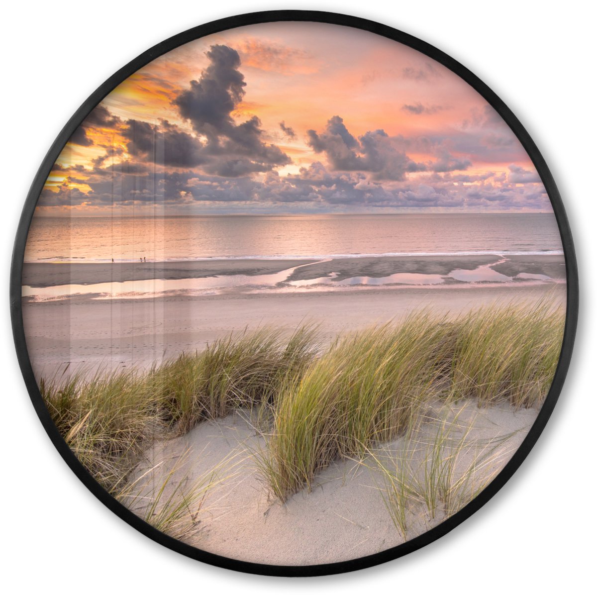 FrameYourWall Poster in lijst Rond - Fotolijst 60x60 cm - Posters - Zonsondergang - Duin - Strand - Planten - Zee - Ronde posterlijst zwart - Decoratie - Wanddecoratie woonkamer - Muurdecoratie slaapkamer