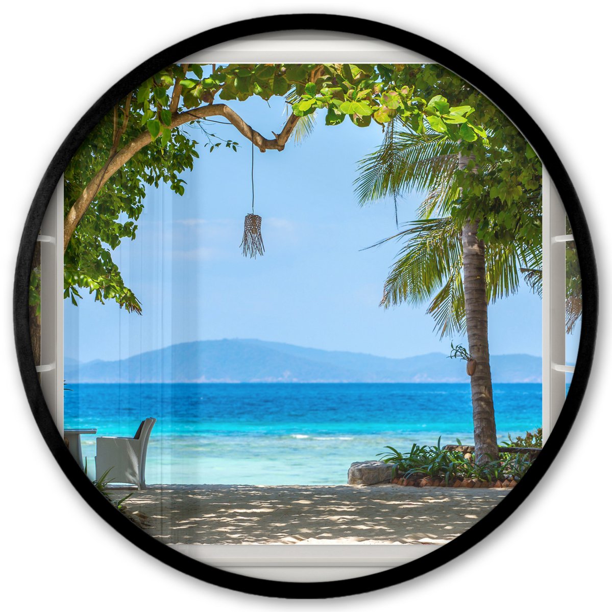 FrameYourWall Poster in lijst Rond - Fotolijst 40x40 cm - Posters - Doorkijk - Boom - Zee - Palmboom - Heuvels - Strand - Blauw - Ronde posterlijst zwart - Decoratie - Wanddecoratie woonkamer - Muurdecoratie slaapkamer Doorkijk - Zomers