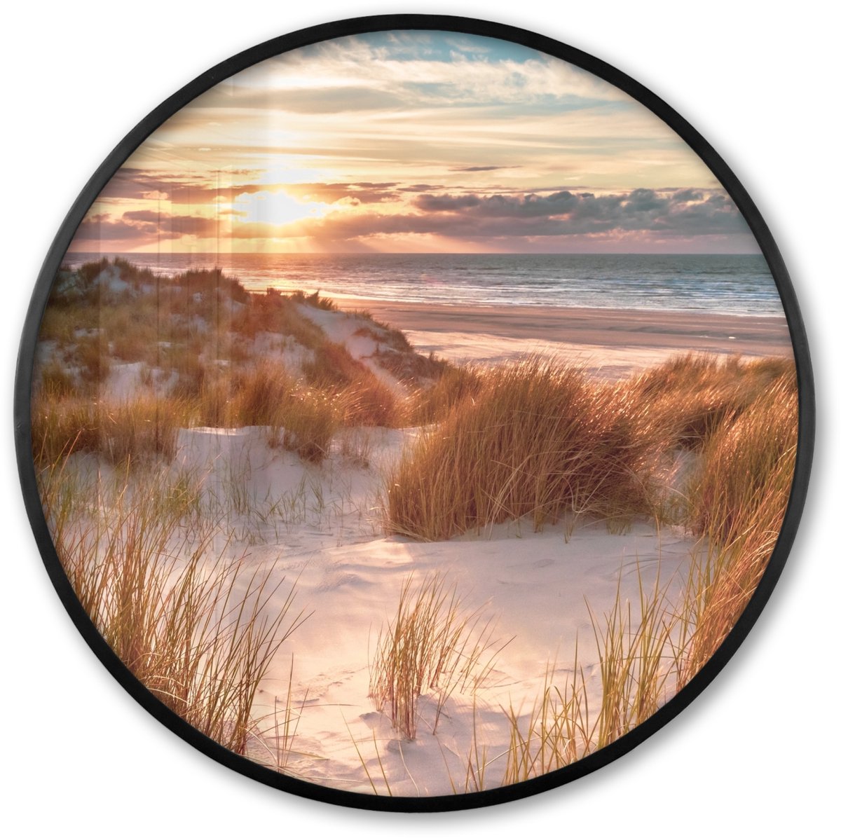 FrameYourWall Poster in lijst Rond - Fotolijst 60x60 cm - Posters - Duin - Planten - Zonsondergang - Strand - Zee - Ronde posterlijst zwart - Decoratie - Wanddecoratie woonkamer - Muurdecoratie slaapkamer