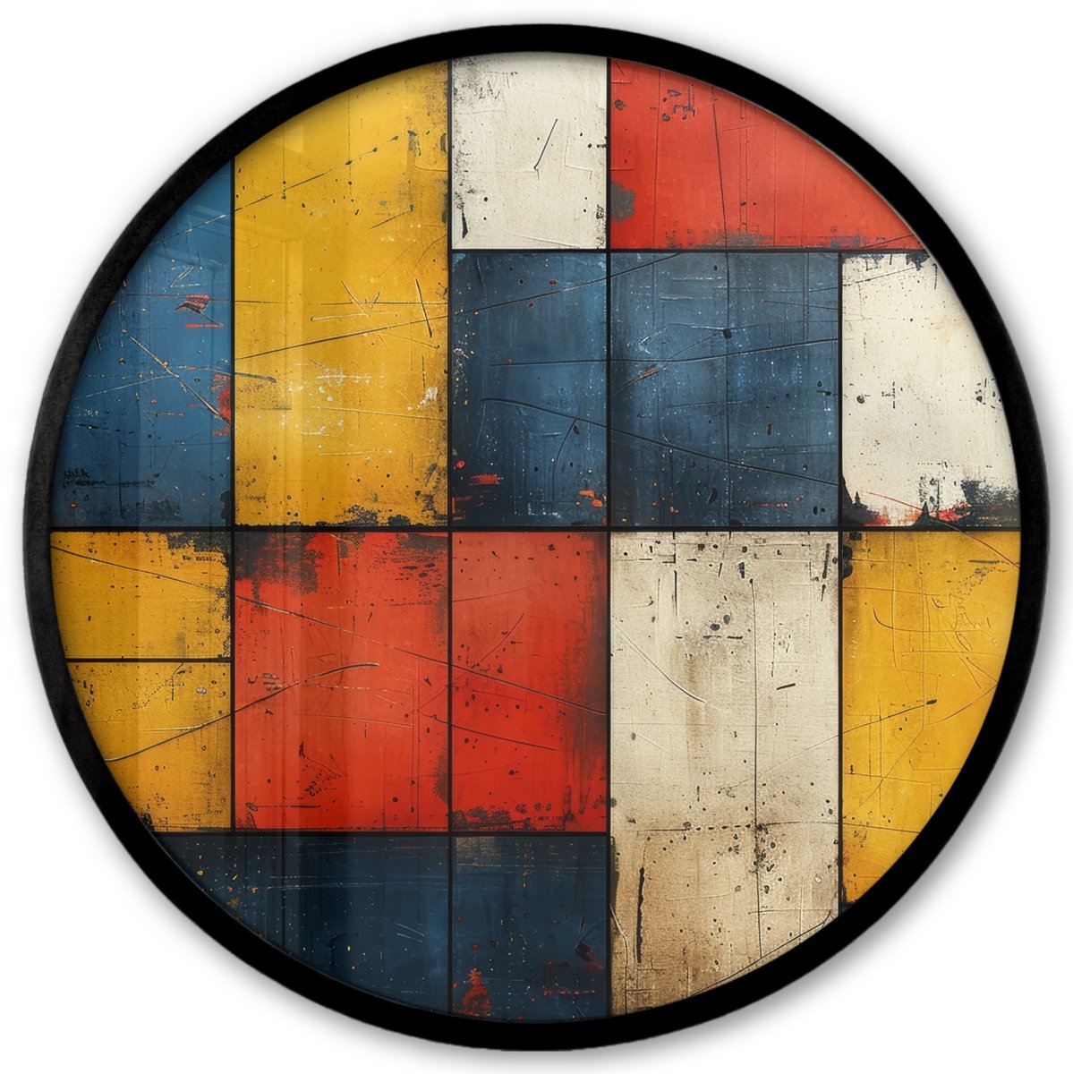 FrameYourWall Poster in lijst Rond - Fotolijst 40x40 cm - Posters - Mondriaan stijl - Kunst - Kleurrijk - Modern - Ronde posterlijst zwart - Decoratie - Wanddecoratie woonkamer - Muurdecoratie slaapkamer