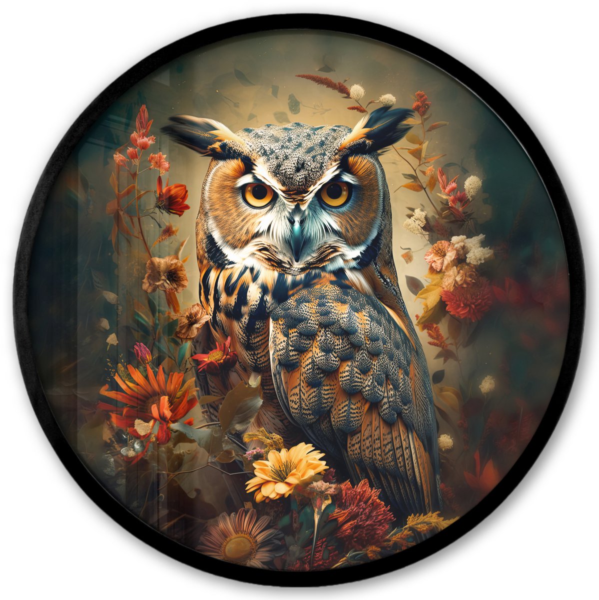 FrameYourWall Poster in lijst Rond - Fotolijst 40x40 cm - Posters - Uil - Vogel - Bloemen - Planten - Botanisch - Ronde posterlijst zwart - Decoratie - Wanddecoratie woonkamer - Muurdecoratie slaapkamer Vogels - Uil