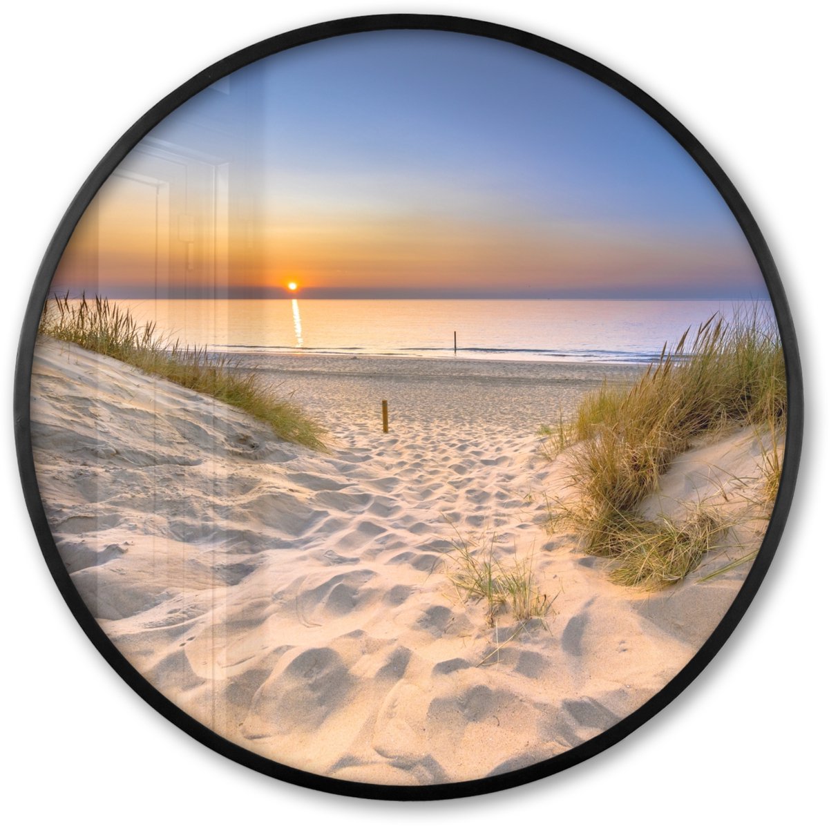 FrameYourWall Poster in lijst Rond - Fotolijst 80x80 cm - Posters - Duin - Zonsondergang - Horizon - Strand - Gras - Ronde posterlijst zwart - Decoratie - Wanddecoratie woonkamer - Muurdecoratie slaapkamer Zonsondergang - Zee
