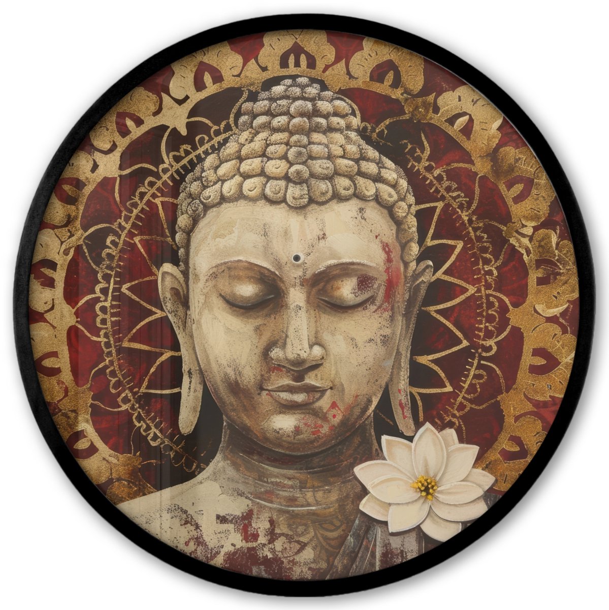 FrameYourWall Poster in lijst Rond - Fotolijst 40x40 cm - Posters - Boeddha - Mandala - Bloem - Rood - Goud - Zen - Ronde posterlijst zwart - Decoratie - Wanddecoratie woonkamer - Muurdecoratie slaapkamer