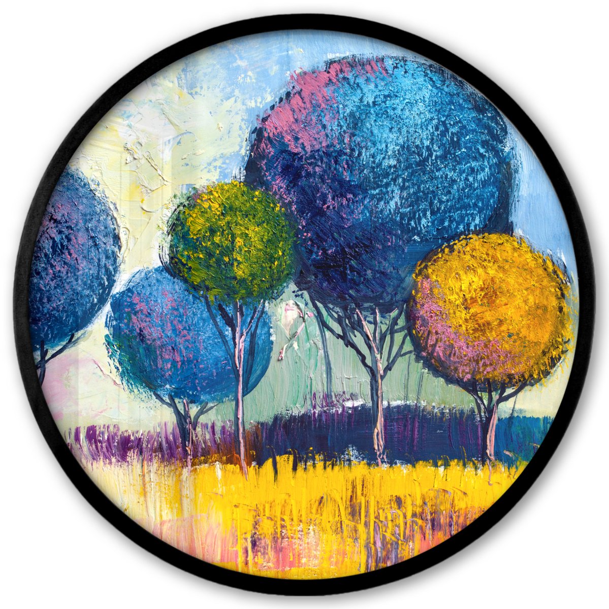 FrameYourWall Poster in lijst Rond - Fotolijst 40x40 cm - Posters - Schilderij - Olieverf - Boom - Natuur - Ronde posterlijst zwart - Decoratie - Wanddecoratie woonkamer - Muurdecoratie slaapkamer Multicolor