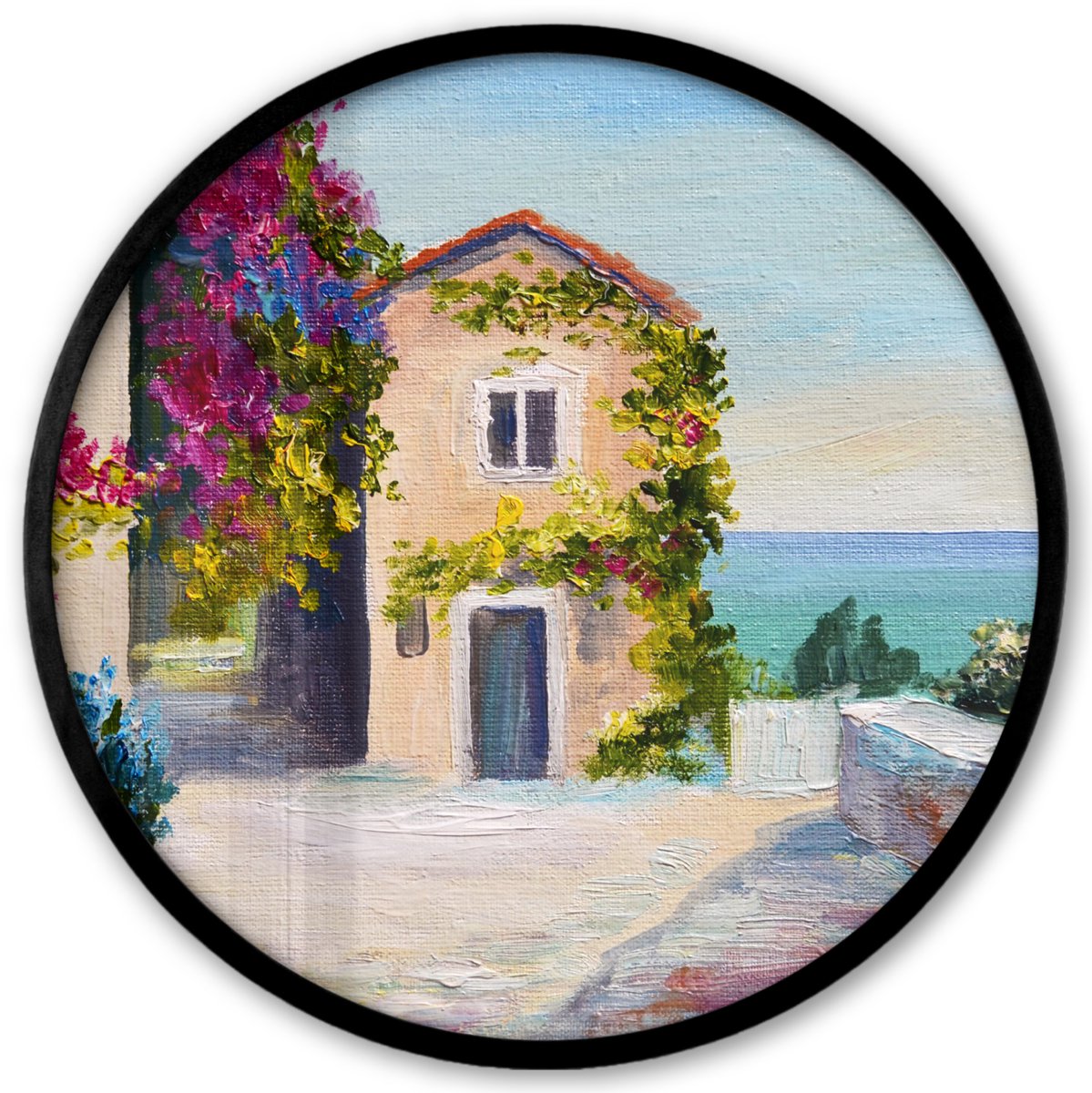 FrameYourWall Poster in lijst Rond - Fotolijst 40x40 cm - Posters - Schilderij - Huis - Olieverf - Dorp - Ronde posterlijst zwart - Decoratie - Wanddecoratie woonkamer - Muurdecoratie slaapkamer Huis Bloemen