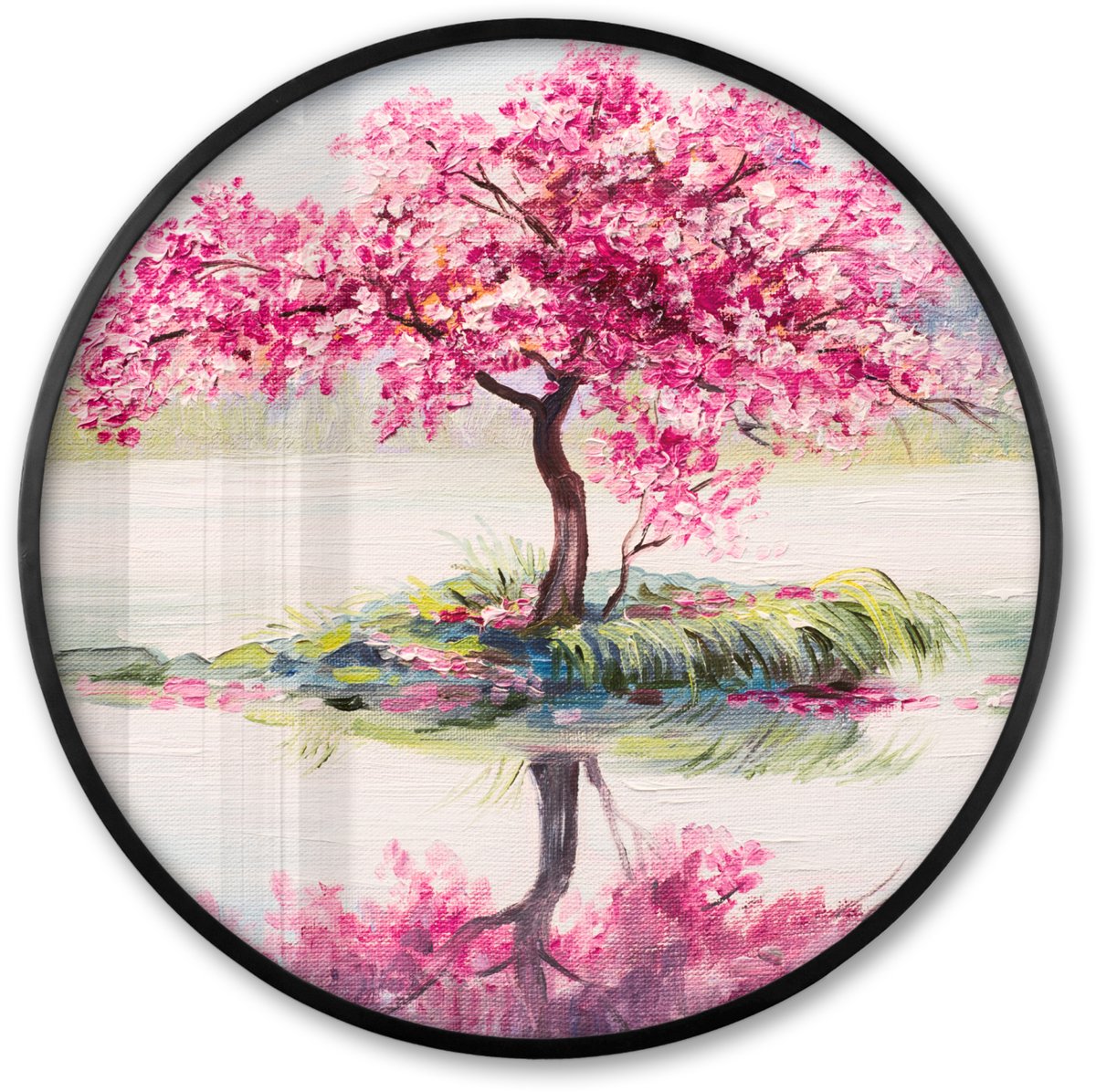 FrameYourWall Poster in lijst Rond - Fotolijst 60x60 cm - Posters - Schilderij - Bloesem - Bloesemboom - Water - Olieverf - Ronde posterlijst zwart - Decoratie - Wanddecoratie woonkamer - Muurdecoratie slaapkamer Multicolor