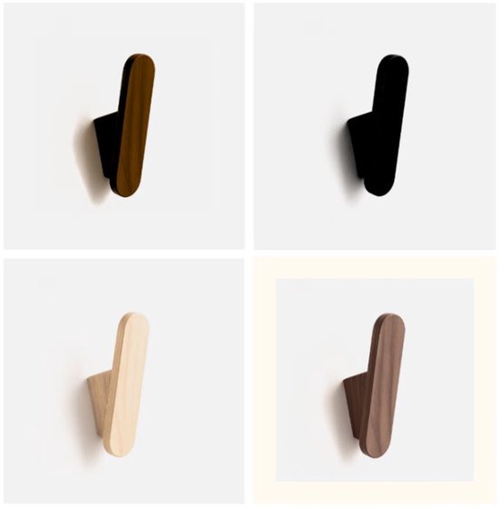 Vier houten wandhaken in verschillende kleuren: bruin, zwart, naturel en donker walnoot.
