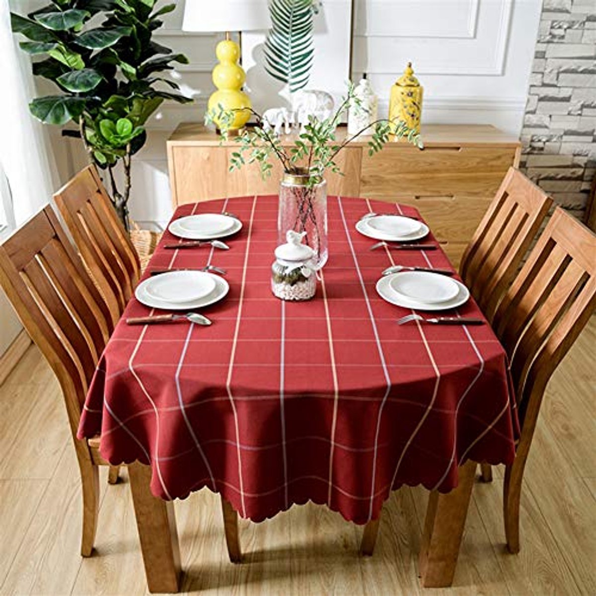 Moderne Oval Tafelkleed 140x200 cm - Wasbaar, Waterafstotend, Rood Ruitpatroon