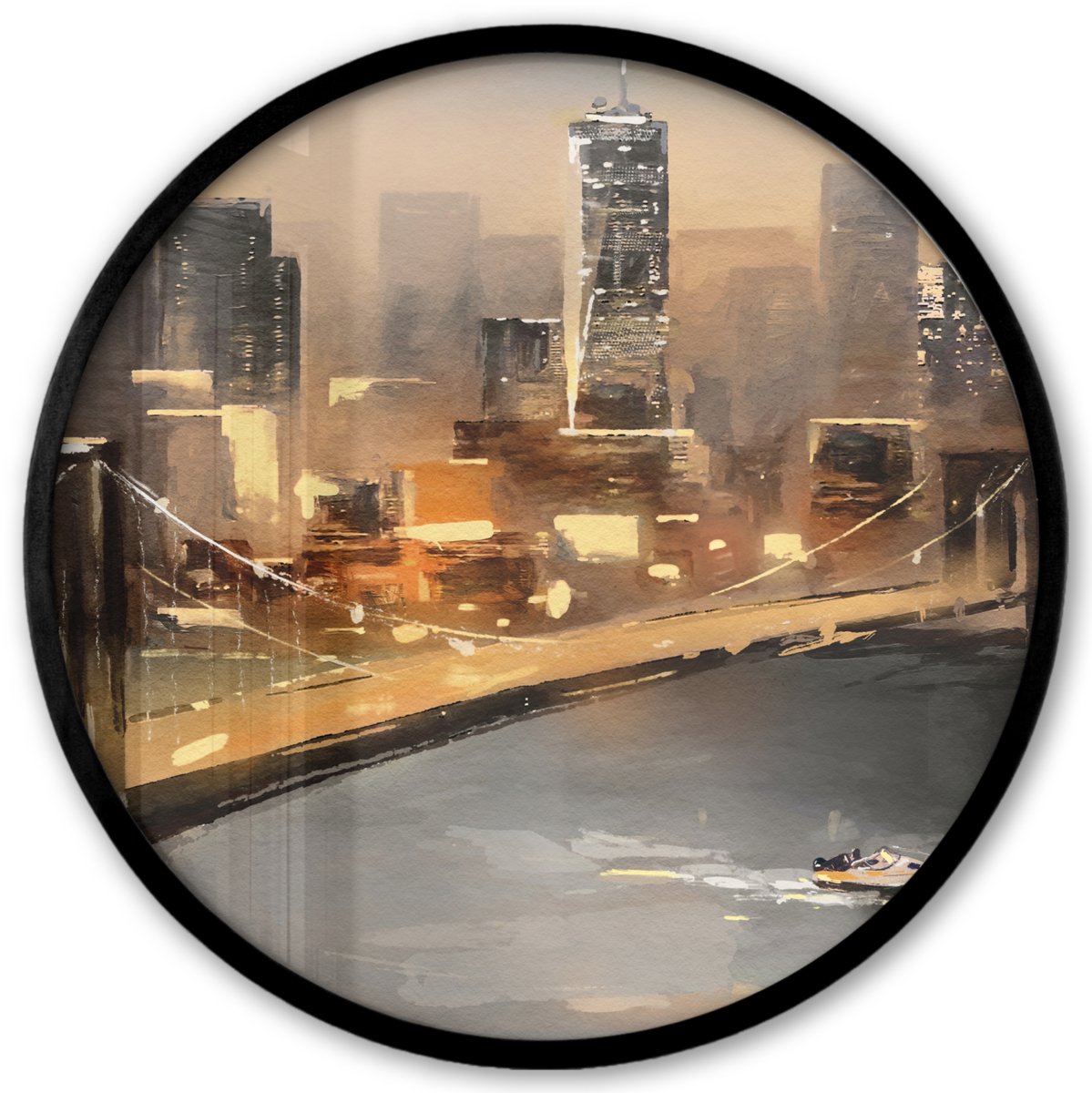 FrameYourWall Poster in lijst Rond - Fotolijst 40x40 cm - Posters - Schilderij - Olieverf - Skyline - Stad - Water - Ronde posterlijst zwart - Decoratie - Wanddecoratie woonkamer - Muurdecoratie slaapkamer Multicolor