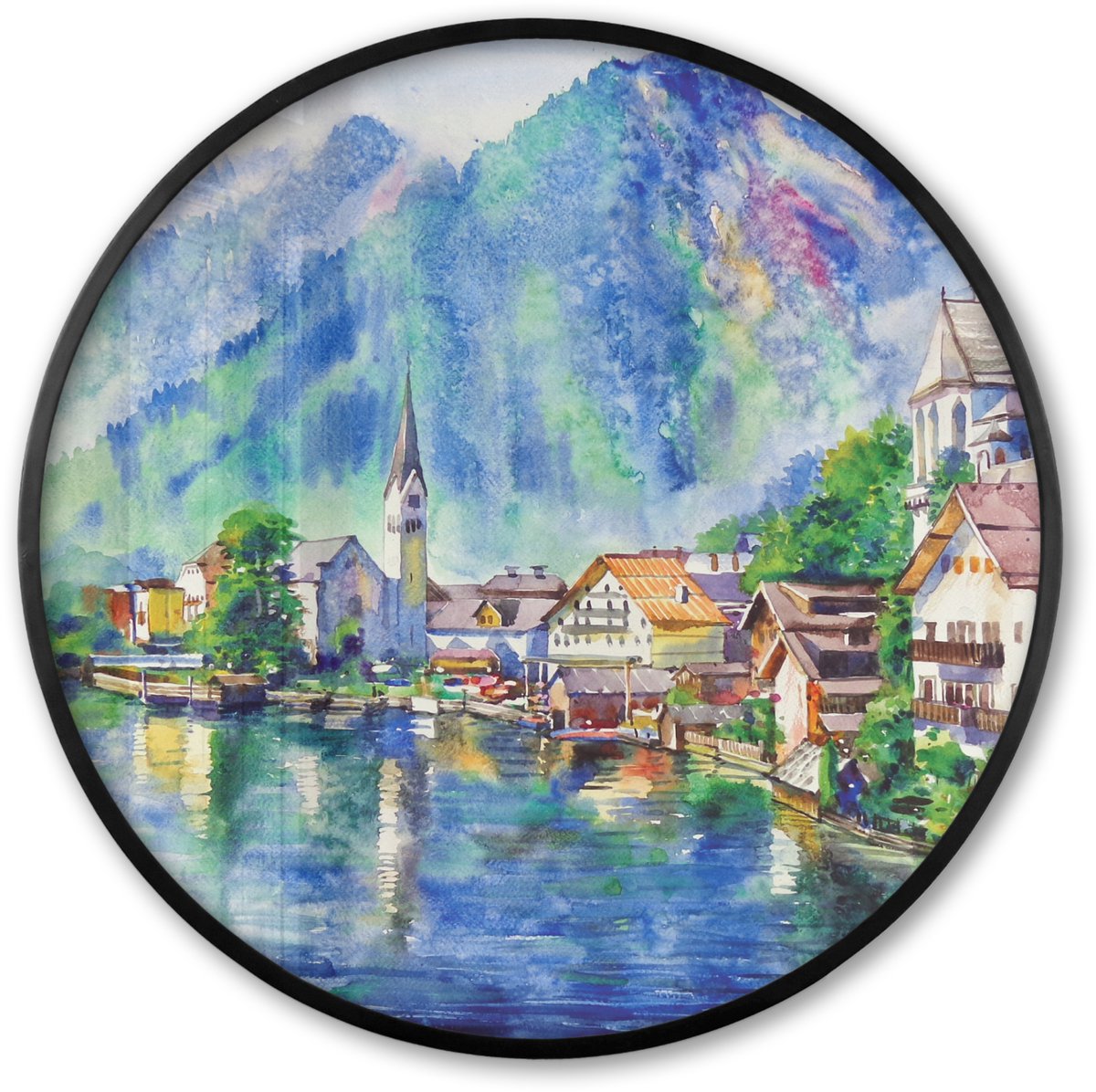 FrameYourWall Poster in lijst Rond - Fotolijst 80x80 cm - Posters - Schilderij - Olieverf - Huis - Bergen - Water - Ronde posterlijst zwart - Decoratie - Wanddecoratie woonkamer - Muurdecoratie slaapkamer Multicolor