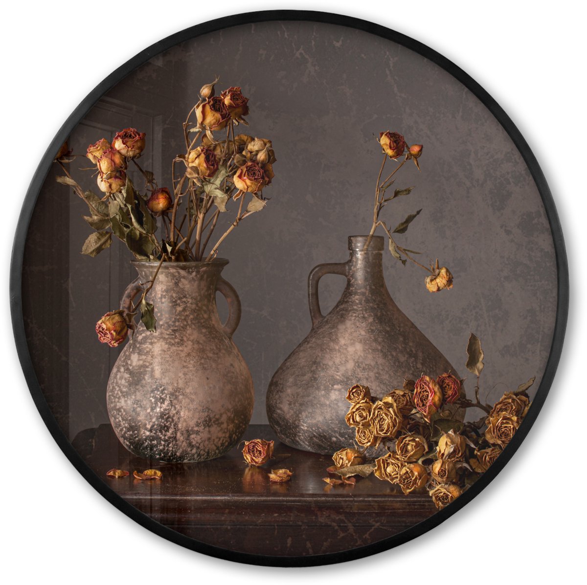FrameYourWall Poster in lijst Rond - Fotolijst 80x80 cm - Posters - Stilleven - Bloemen - Vaas - Donker - Ronde posterlijst zwart - Decoratie - Wanddecoratie woonkamer - Muurdecoratie slaapkamer Vaas - Rozen