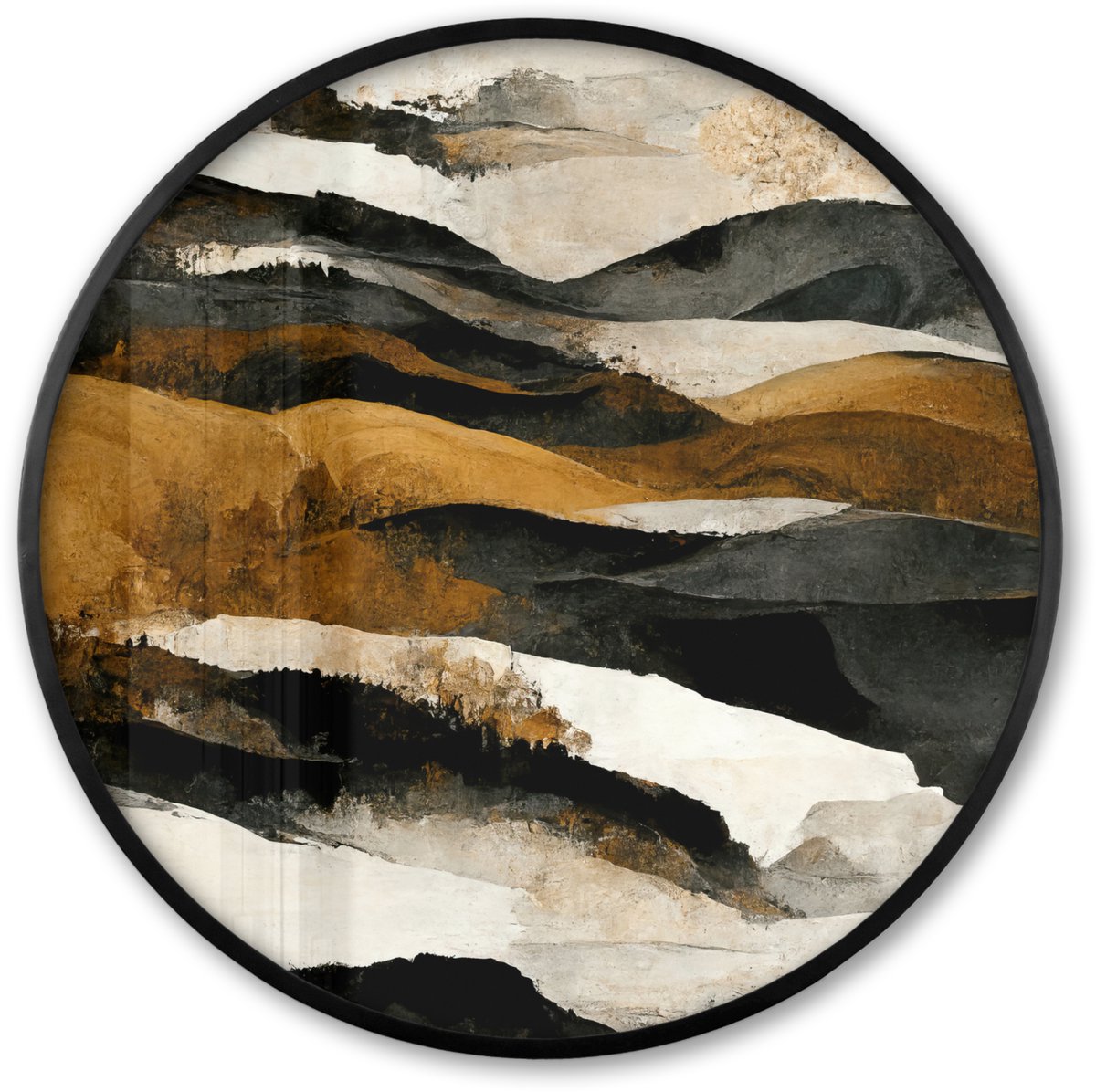 FrameYourWall Poster in lijst Rond - Fotolijst 80x80 cm - Posters - Kunst - Landschap - Bergen - Zwart - Wit - Beige - Ronde posterlijst zwart - Decoratie - Wanddecoratie woonkamer - Muurdecoratie slaapkamer Abstract - Bergen