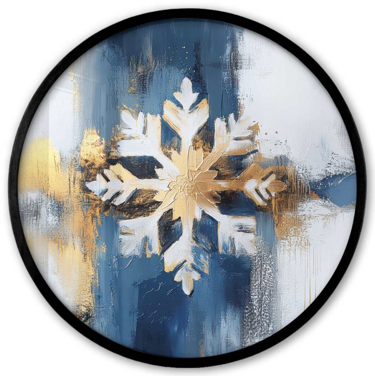 FrameYourWall Poster in lijst Rond - Fotolijst 40x40 cm - Posters - Abstract - Winter - Sneeuwvlok - Sneeuw - Goud - Ronde posterlijst zwart - Decoratie - Wanddecoratie woonkamer - Muurdecoratie slaapkamer