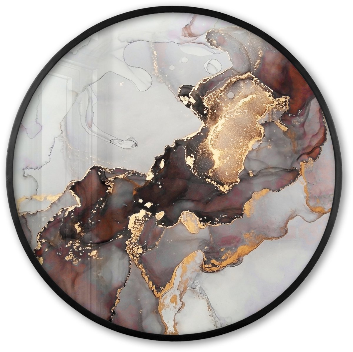FrameYourWall Poster in lijst Rond - Fotolijst 60x60 cm - Posters - Rood - Marmer - Goud - Ronde posterlijst zwart - Decoratie - Wanddecoratie woonkamer - Muurdecoratie slaapkamer Multicolor