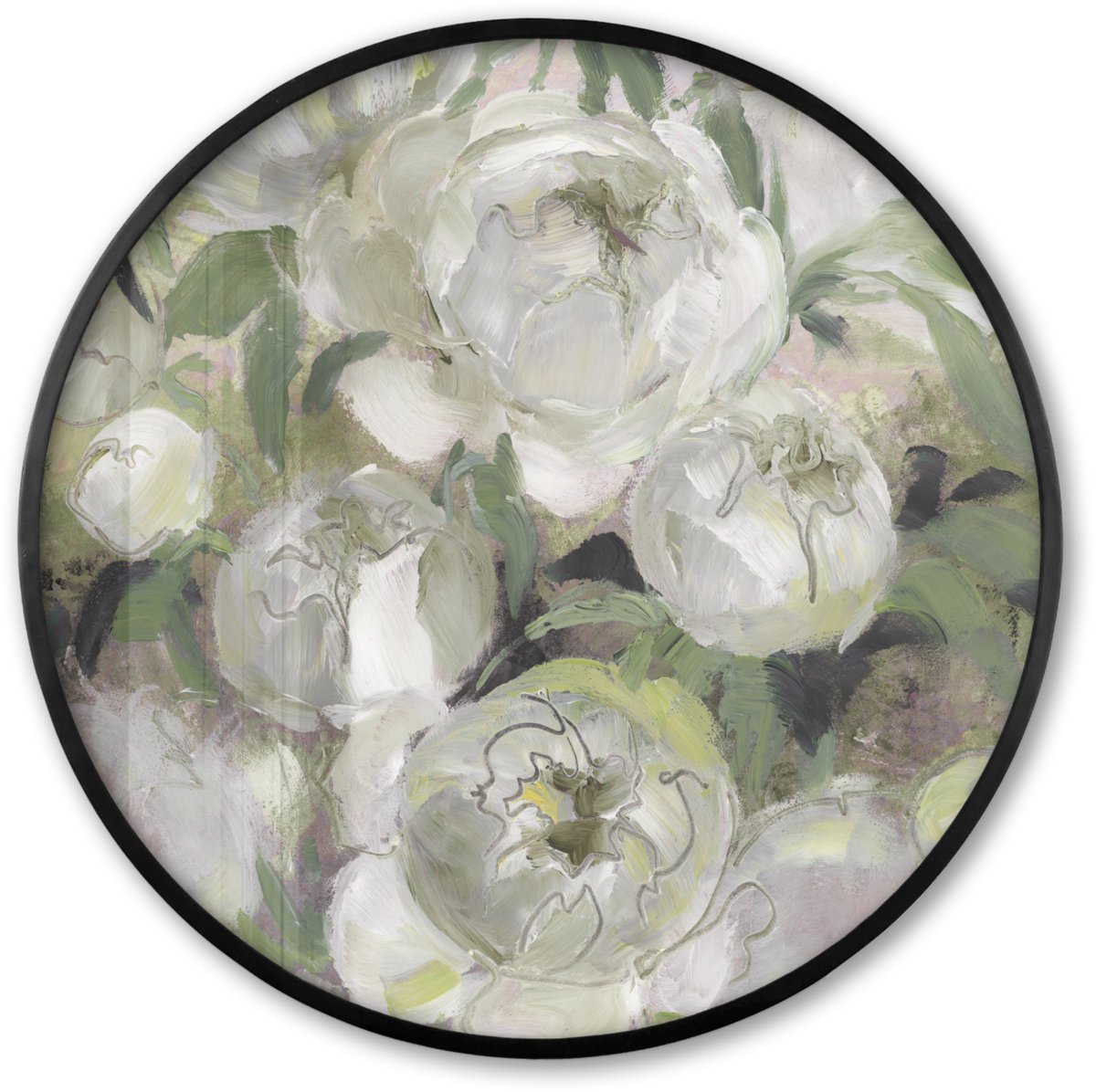 FrameYourWall Poster in lijst Rond - Fotolijst 60x60 cm - Posters - Bloemen - Planten - Bladeren - Wit - Ronde posterlijst zwart - Decoratie - Wanddecoratie woonkamer - Muurdecoratie slaapkamer Multicolor
