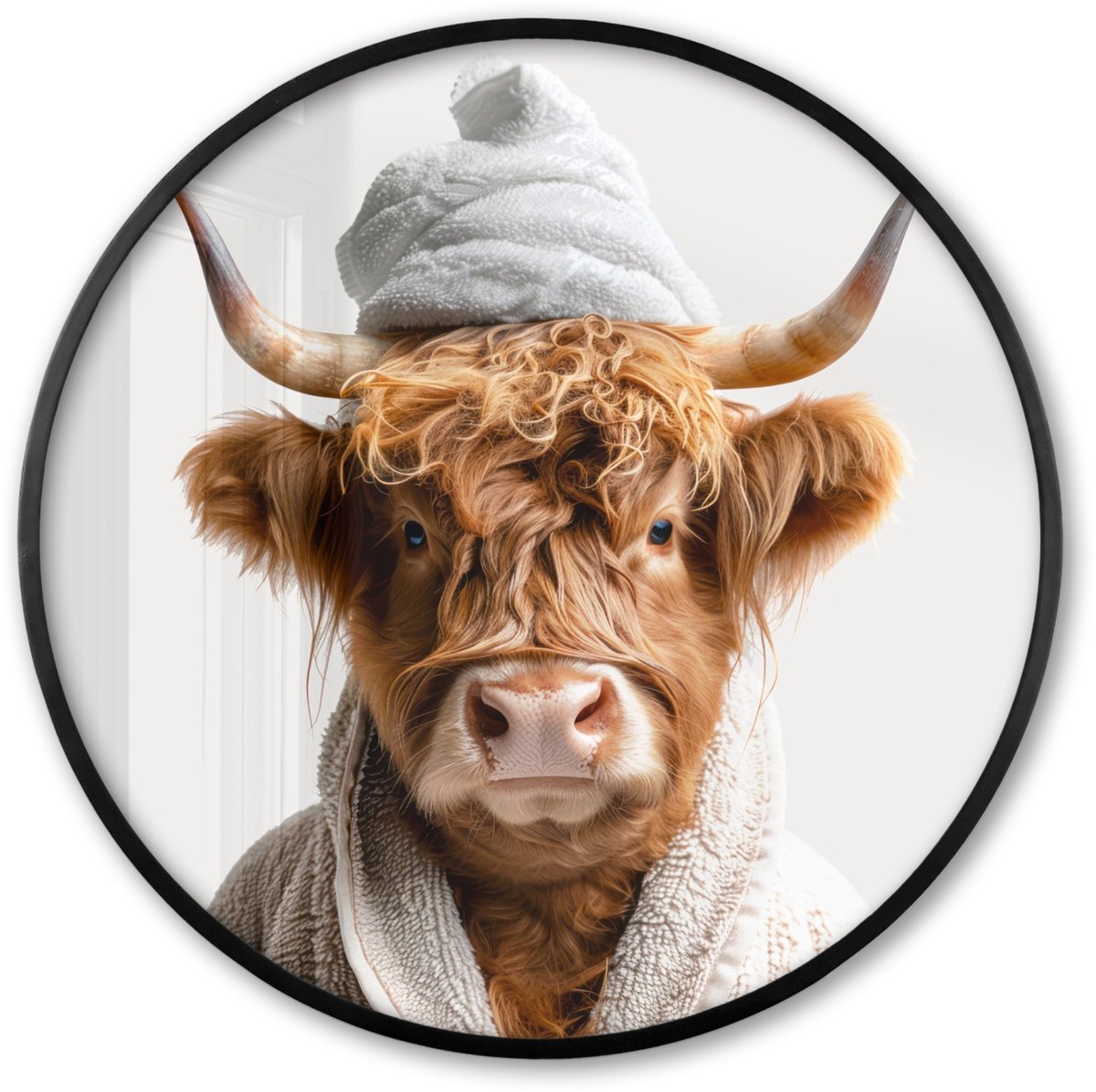 FrameYourWall Poster in lijst Rond - Fotolijst 80x80 cm - Posters - Schotse hooglander - Badjas - Koe - Dieren - Ronde posterlijst zwart - Decoratie - Wanddecoratie woonkamer - Muurdecoratie slaapkamer