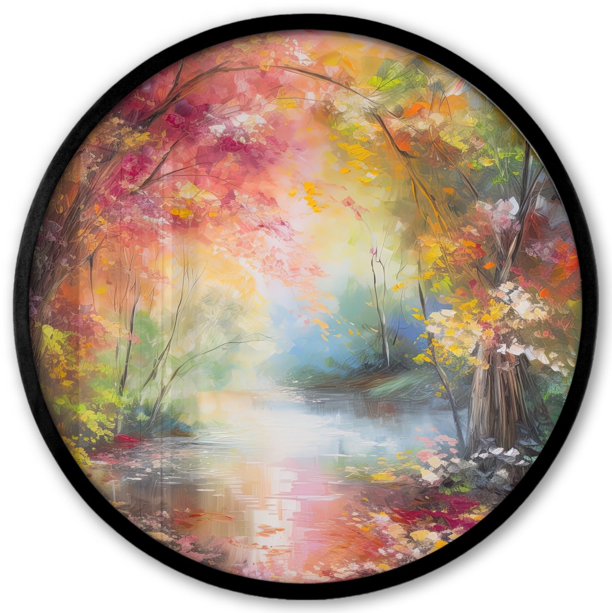 FrameYourWall Poster in lijst Rond - Fotolijst 40x40 cm - Posters - Landschap - Olieverf - Kleurrijk - Natuur - Ronde posterlijst zwart - Decoratie - Wanddecoratie woonkamer - Muurdecoratie slaapkamer Olieverf - Bos