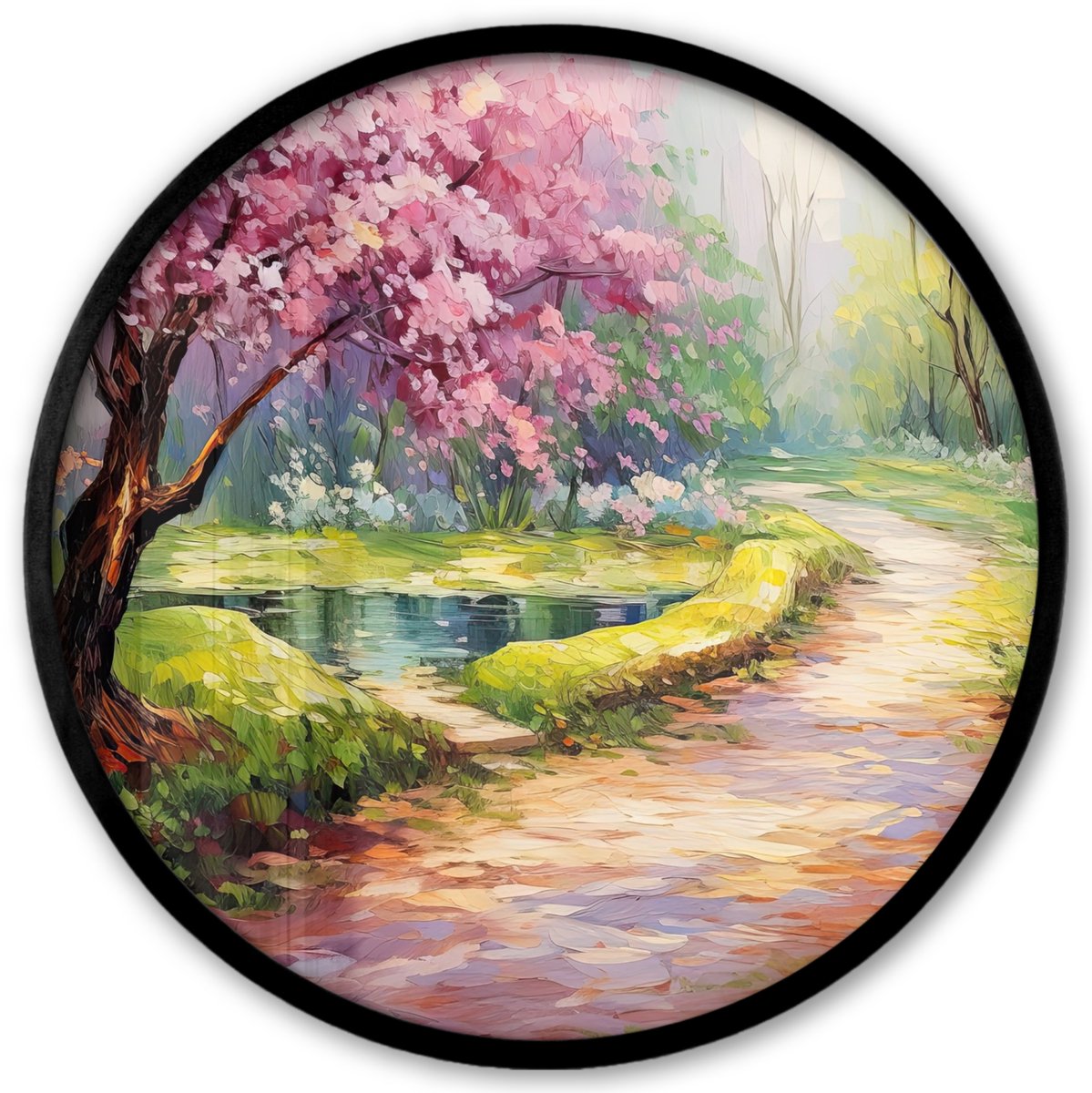 FrameYourWall Poster in lijst Rond - Fotolijst 40x40 cm - Posters - Watercolor - Natuur - Bomen - Kunst - Bloemen - Ronde posterlijst zwart - Decoratie - Wanddecoratie woonkamer - Muurdecoratie slaapkamer Bos - Aquarel