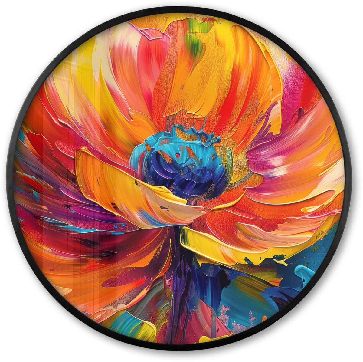 FrameYourWall Poster in lijst Rond - Fotolijst 80x80 cm - Posters - Bloem - Verflook - Modern - Abstract - Kleuren - Ronde posterlijst zwart - Decoratie - Wanddecoratie woonkamer - Muurdecoratie slaapkamer