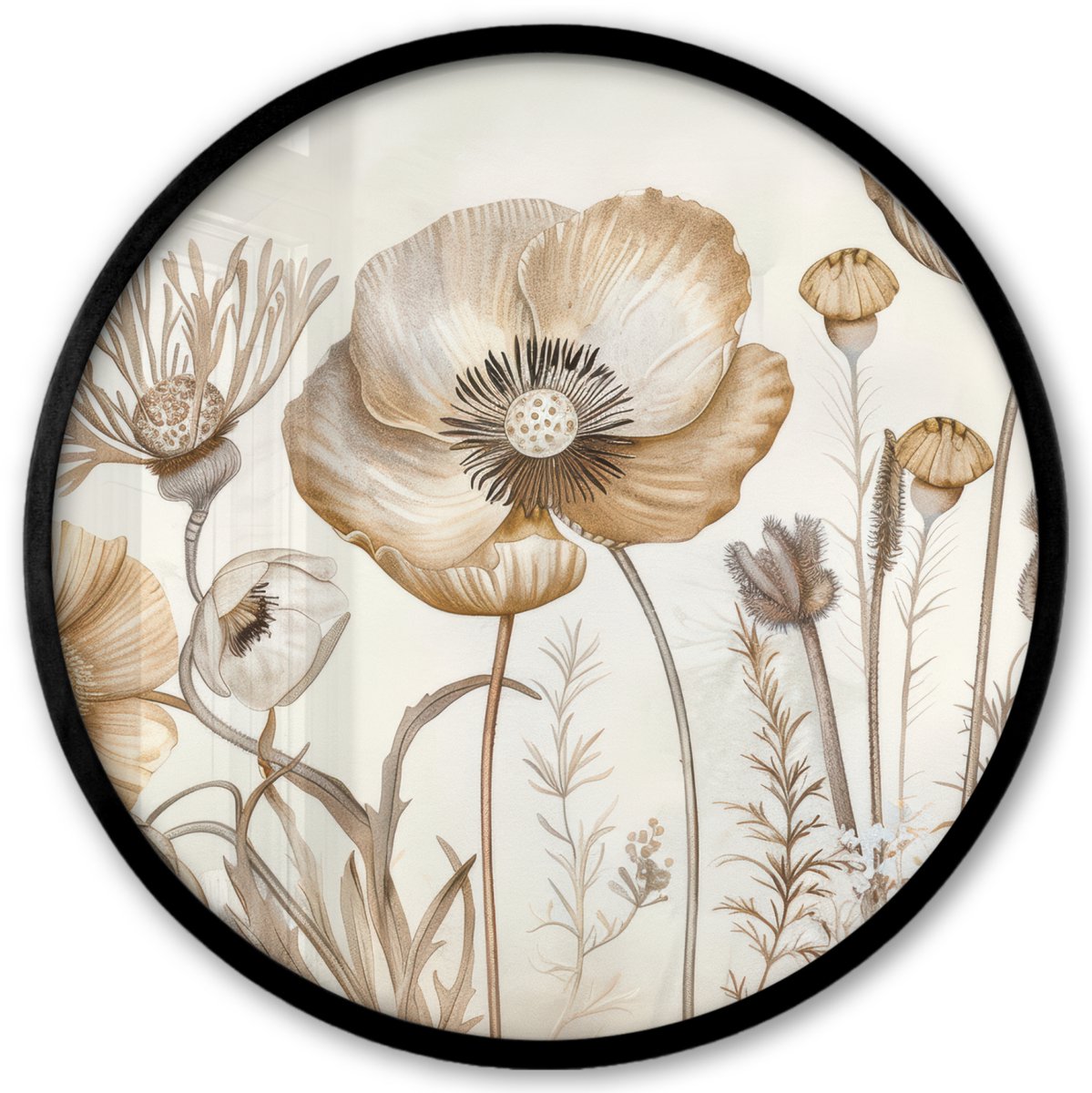 FrameYourWall Poster in lijst Rond - Fotolijst 40x40 cm - Posters - Bloemen - Beige - Natuur - Illustratie - Ronde posterlijst zwart - Decoratie - Wanddecoratie woonkamer - Muurdecoratie slaapkamer