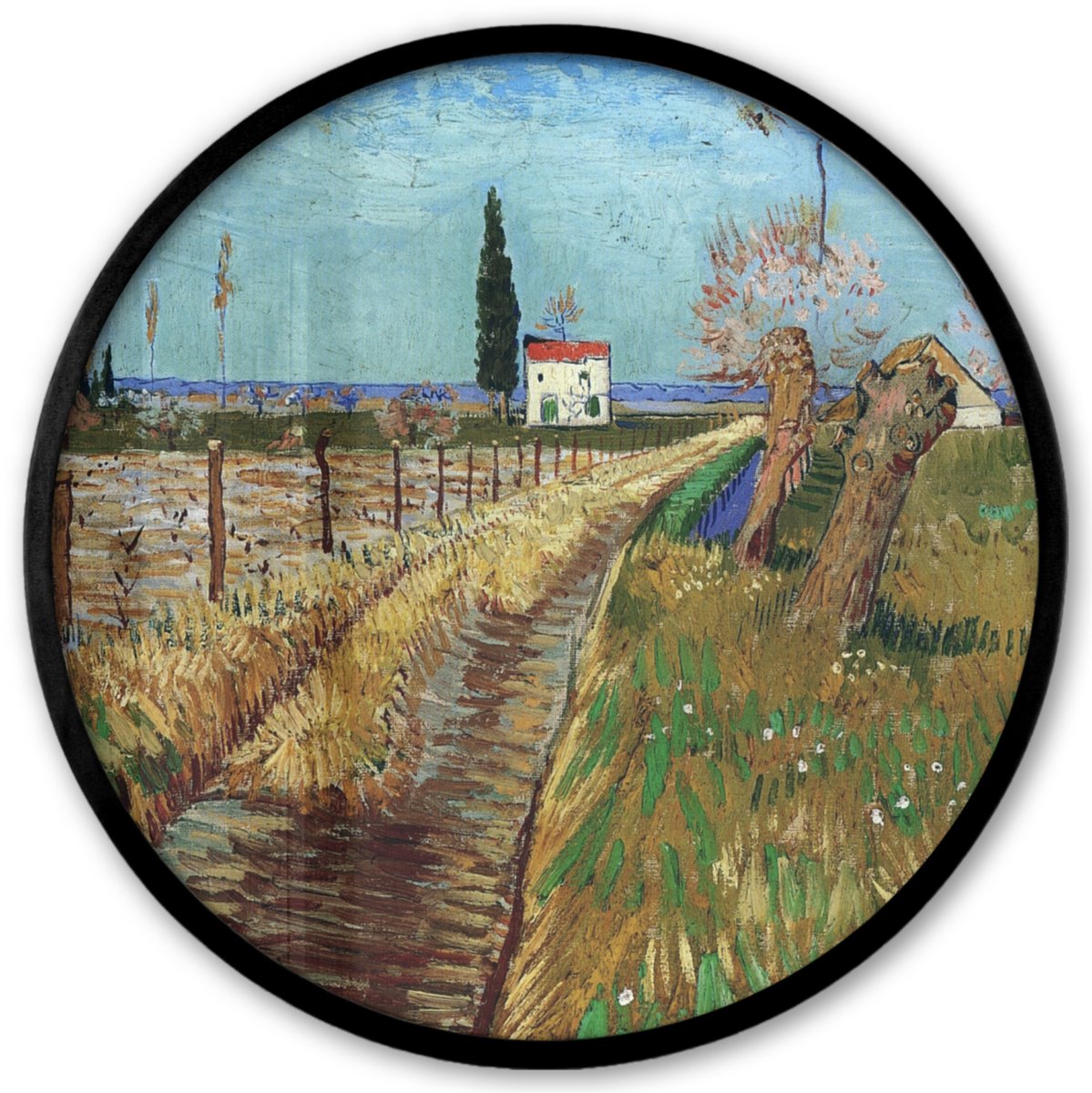 FrameYourWall Poster in lijst Rond - Fotolijst 40x40 cm - Posters - Pad door een veld met wilgen - Vincent van Gogh - Ronde posterlijst zwart - Decoratie - Wanddecoratie woonkamer - Muurdecoratie slaapkamer Multicolor