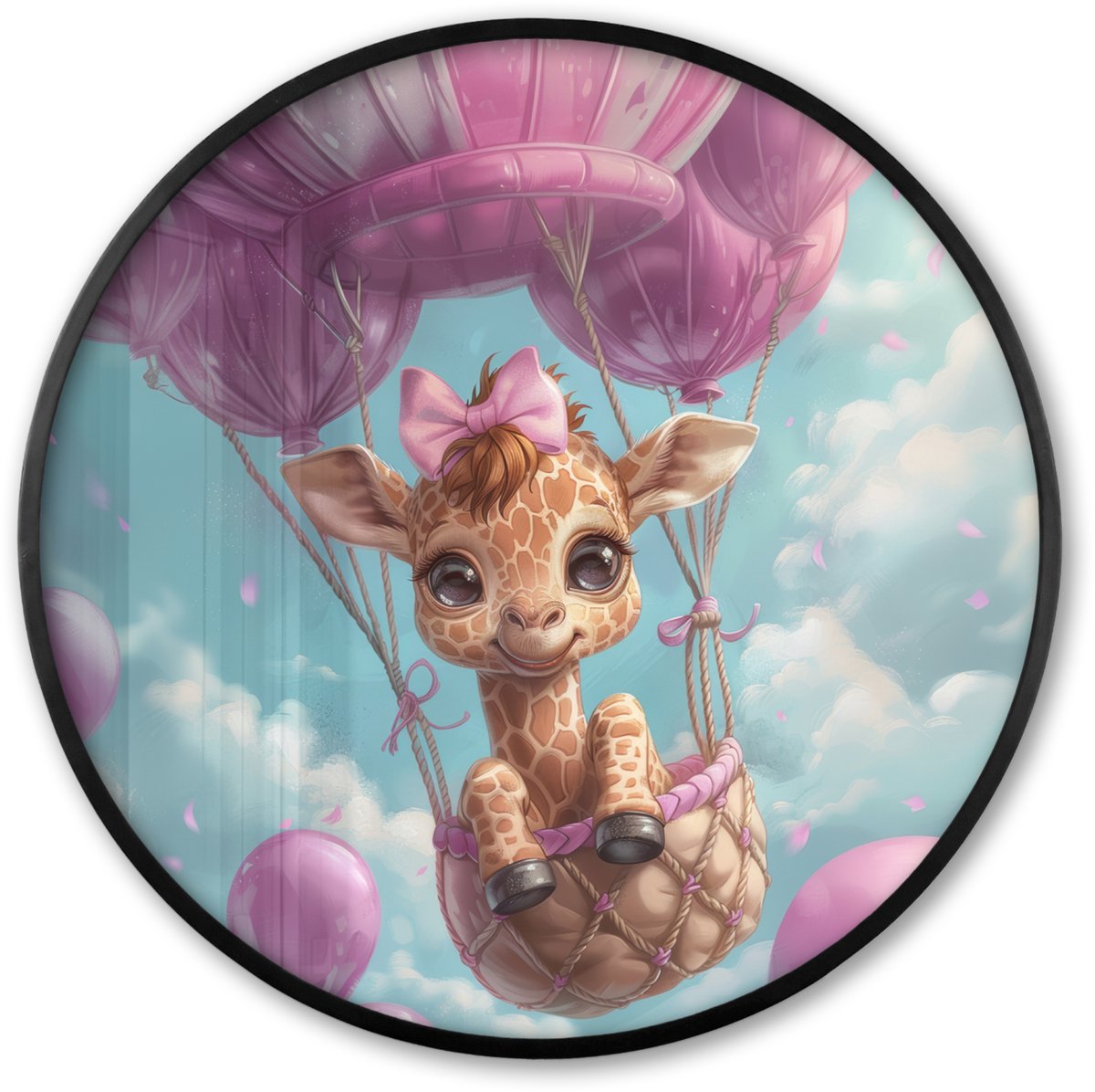 FrameYourWall Poster in lijst Rond - Fotolijst 80x80 cm - Posters - Luchtballon - Giraf - Ballon - Wolken - Paars - Ronde posterlijst zwart - Decoratie - Wanddecoratie woonkamer - Muurdecoratie slaapkamer