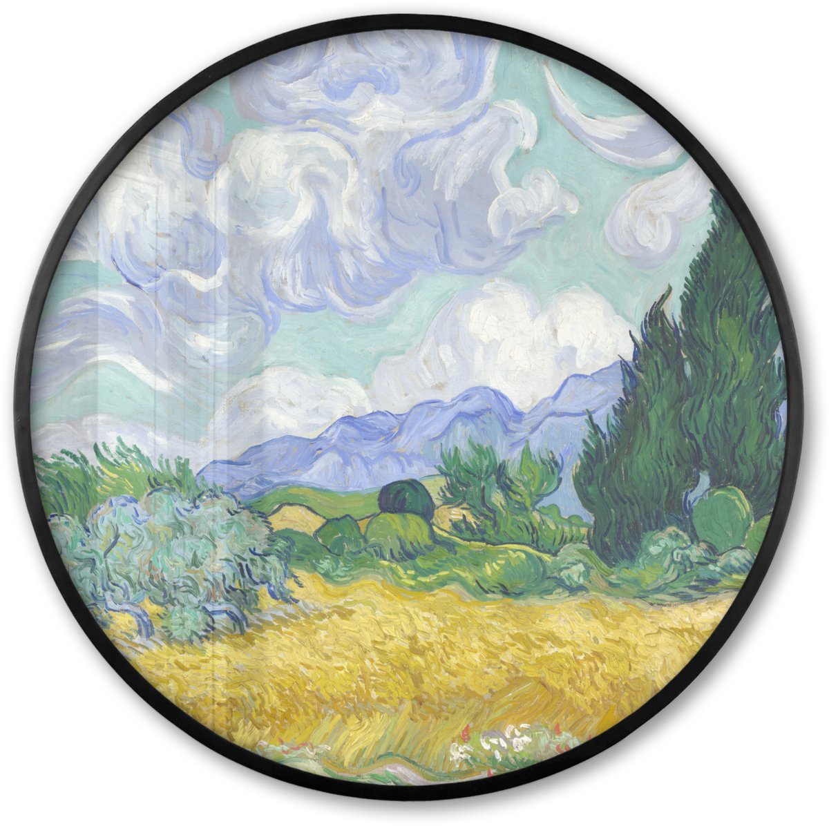 FrameYourWall Poster in lijst Rond - Fotolijst 80x80 cm - Posters - Korenveld met cipressen - Vincent van Gogh - Ronde posterlijst zwart - Decoratie - Wanddecoratie woonkamer - Muurdecoratie slaapkamer Multicolor