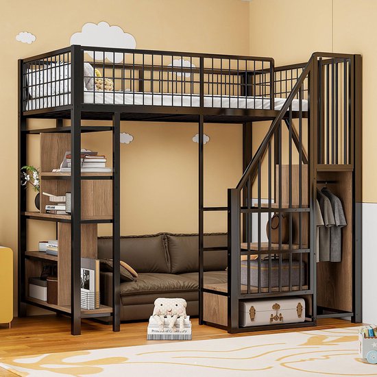 Pugsdrly Hoogslaperbed 90x200 cm Multifunctioneel, Metalen Bed met Opbergruimte, Planken en Trap, Geschikt voor Volwassenen en Kinderen, Zwart, Zonder Matras