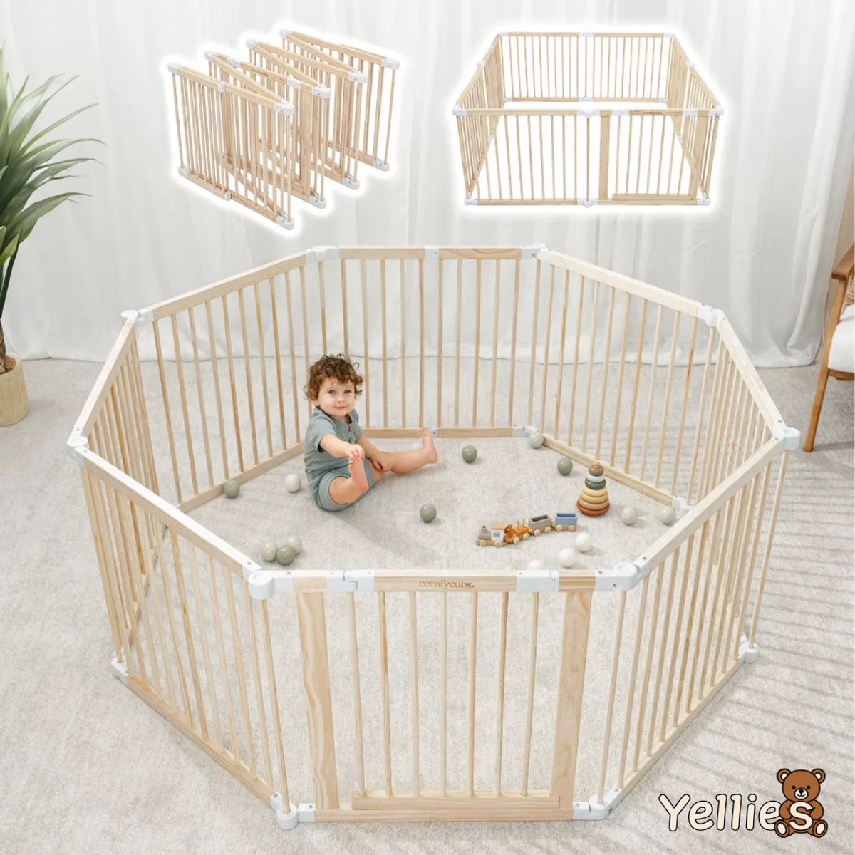 Yellies Grondbox - Babybox - Inklapbare Speelbox - Kinderbox - Playpen Baby - Voorgemonteerd - 130 x 130 x 65 cm - Incl. NL Handleiding - Naturel Hout