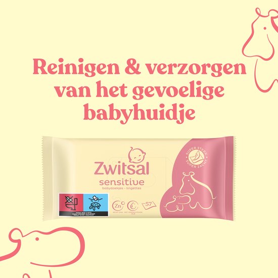 Afbeelding van Zwitsal sensitive babydoekjes pak met tekst 'Reinigen & verzorgen van het gevoelige babyhuidje'.