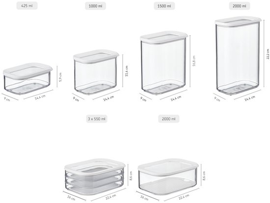 Trois tailles de boîtes de conservation transparentes avec couvercles blancs, dimensions en cm et ml.