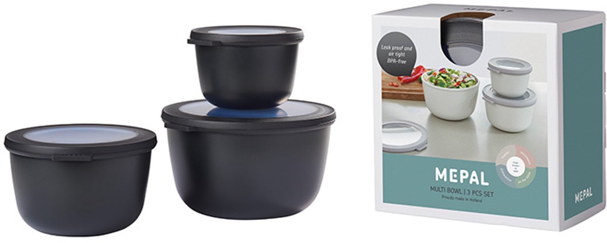 Mepal - Multikom Cirqula 3-delige set (500 + 1000 + 2000 ml) - Mag in de vriezer, magnetron en vaatwasser – Nordic black – Meal prep bakjes - Bewaardozen met deksel
