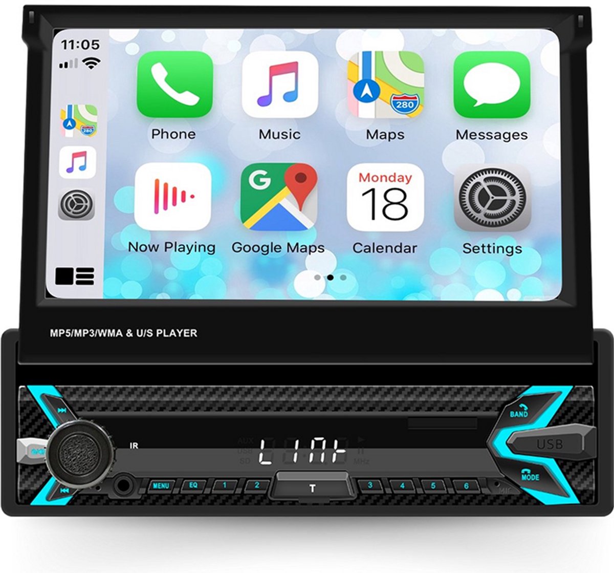 Boscer® 1Din Autoradio - Apple Carplay & Android Auto (Draadloos) - 7" HD Handmatig Klapscherm - USB Aux Bluetooth - MP5 - Achteruitrijcamera & Microfoon