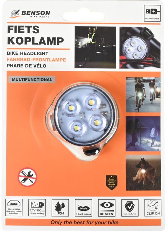 Benson Fietslamp - 2x - wit voorlicht - LED - USB oplaadbaar - inclusief clip en kabel — afbeelding 3